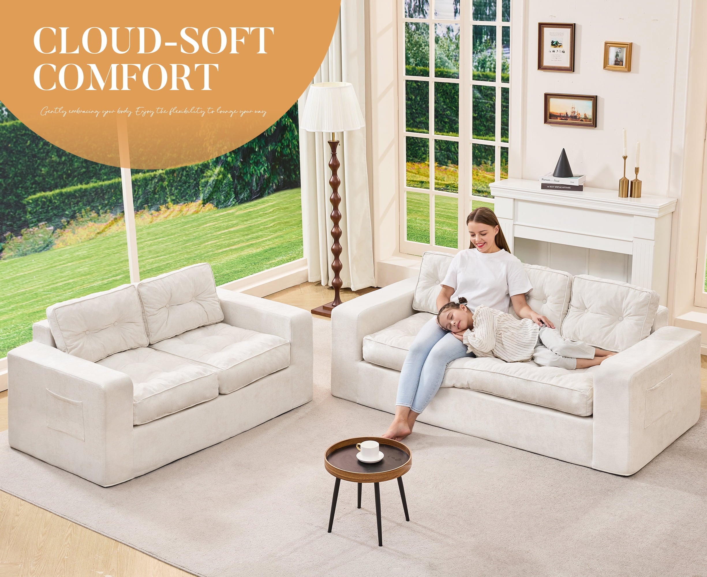Hobestluk 3-Seater Sofa Boneless Couch with Tufted Button Design 2 in 1 Comfy Cloud Couch Oversized Sofa for Living Room Bedroom Apartment or Office (Grey, 3 Seater)