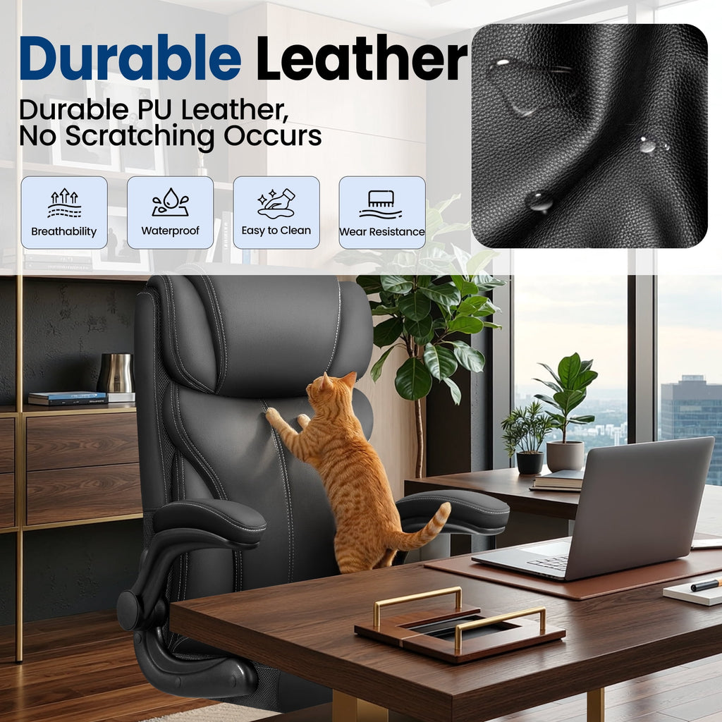 STACOO High Back Executive Office Chair 400lbs, Big and Tall Ergonomic Desk Chair with Lumbar Support & Flip-up Armrests, PU Leather Swivel Chair with Adjustable Height – Brown