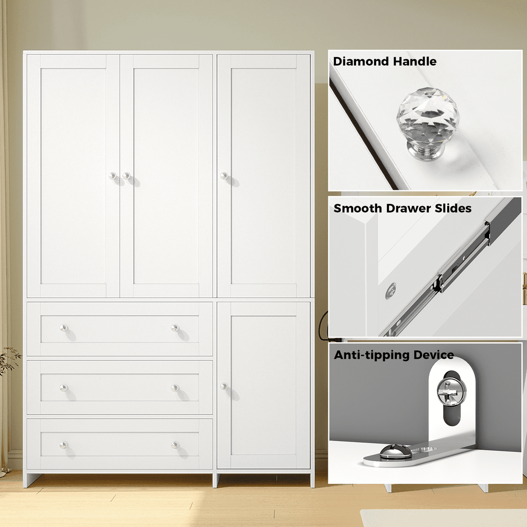 Richya Wardrobe Closet Armoire Storage Cabinet 3 Doors with Hanging Rod for Hanging Clothes Bedroom Large Capacity Tall Freestanding Armoire Organizer with Shelves particle board