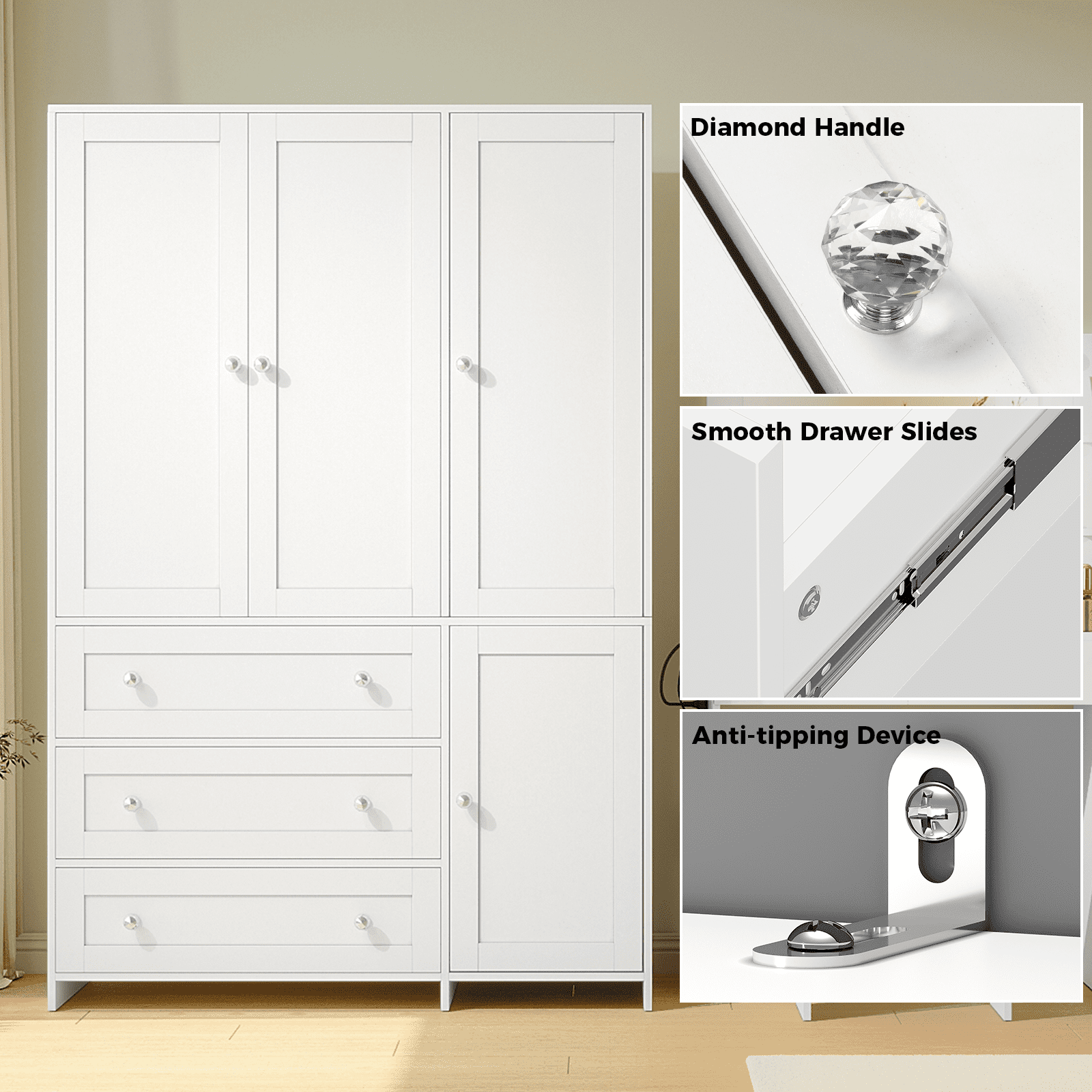 Richya Wardrobe Closet Armoire Storage Cabinet 3 Doors with Hanging Rod for Hanging Clothes Bedroom Large Capacity Tall Freestanding Armoire Organizer with Shelves particle board
