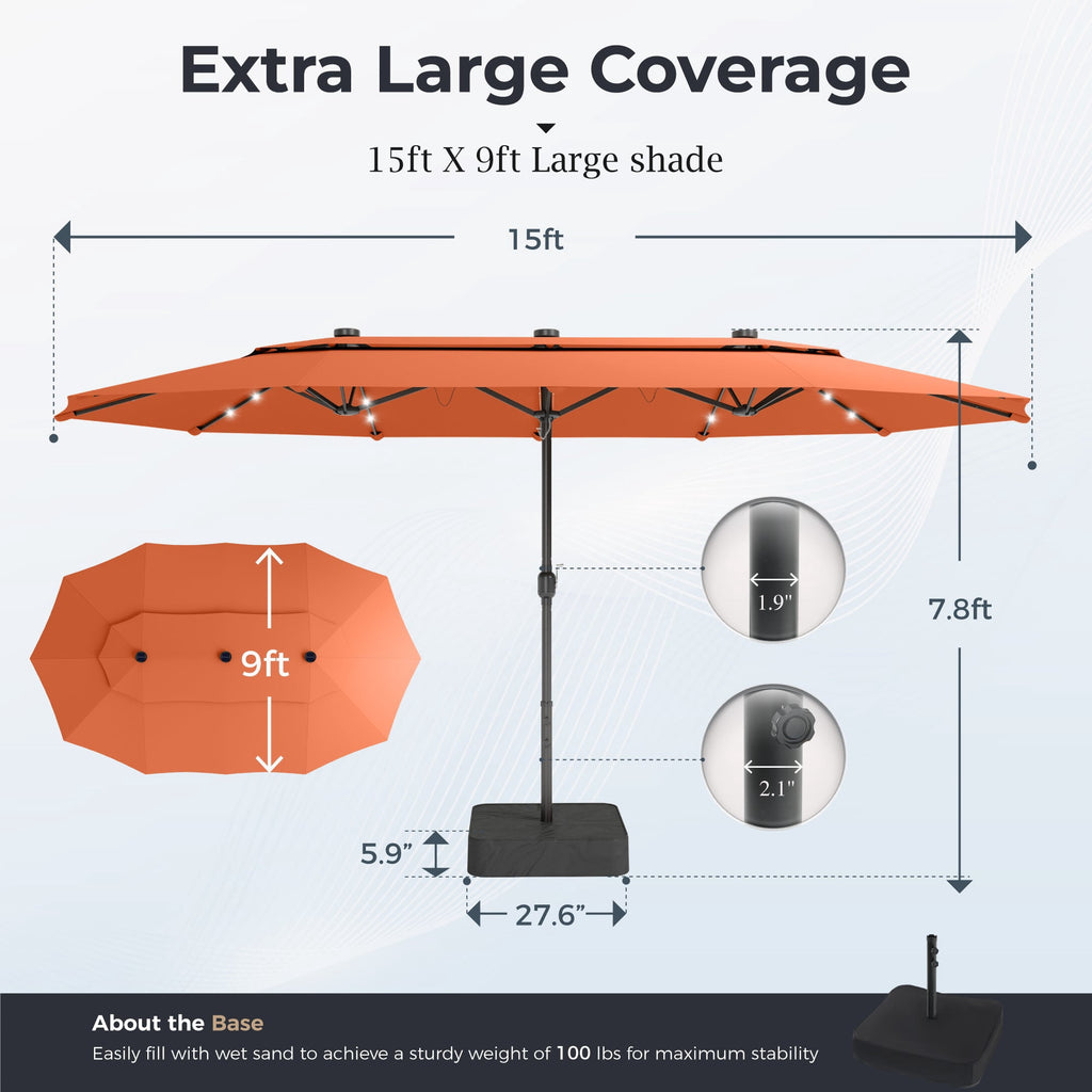 Alpha Joy 15ft Dual-Layer Extra Large Outdoor Patio Umbrella Double-Sided Ventilation Umbrella with Led Lights & Umbrella Base, Beige