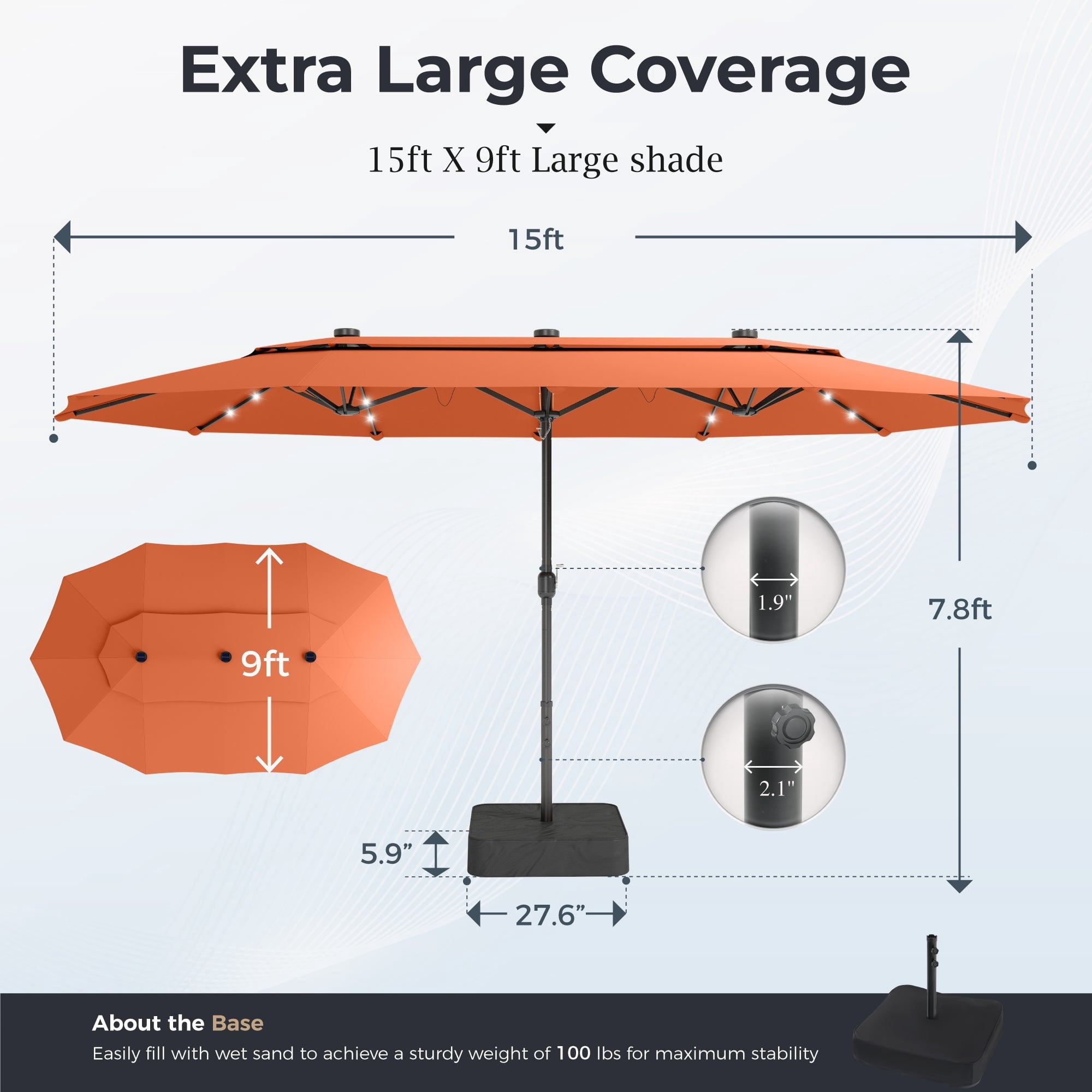Alpha Joy 15ft Dual-Layer Extra Large Outdoor Patio Umbrella Double-Sided Ventilation Umbrella with Led Lights & Umbrella Base, Beige