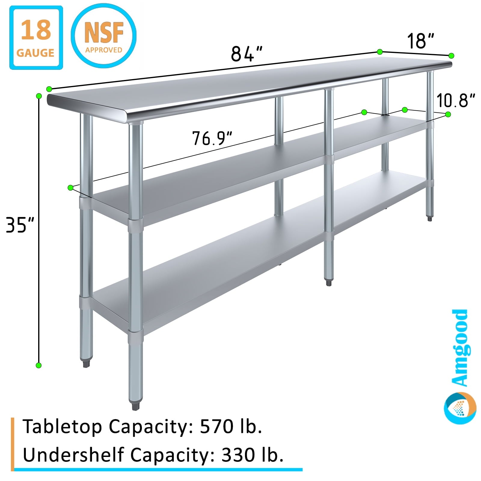 AmGood 60 Long x 30 Deep Stainless Steel Work Table with 2 Shelves and wheels | Commercial & Residential NSF Utility Table | Metal Food Prep Station