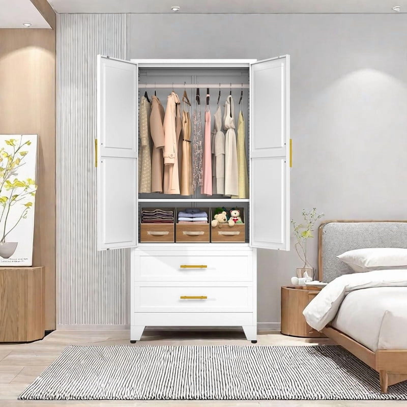 EROSOEI Metal Freestanding Armoire Wardrobe Clost With Hanging Rod and Drawers