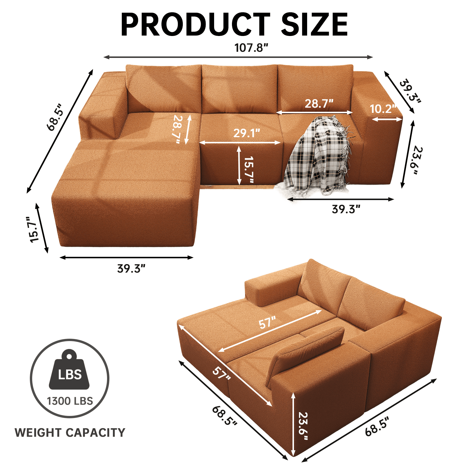 YVDNHP Modular Cloud Sofa - No Assembly Required, 107.8 Oversized L-Shaped Sectional with Chaise, Flannel Fabric Deep Seating Couch for Living Room