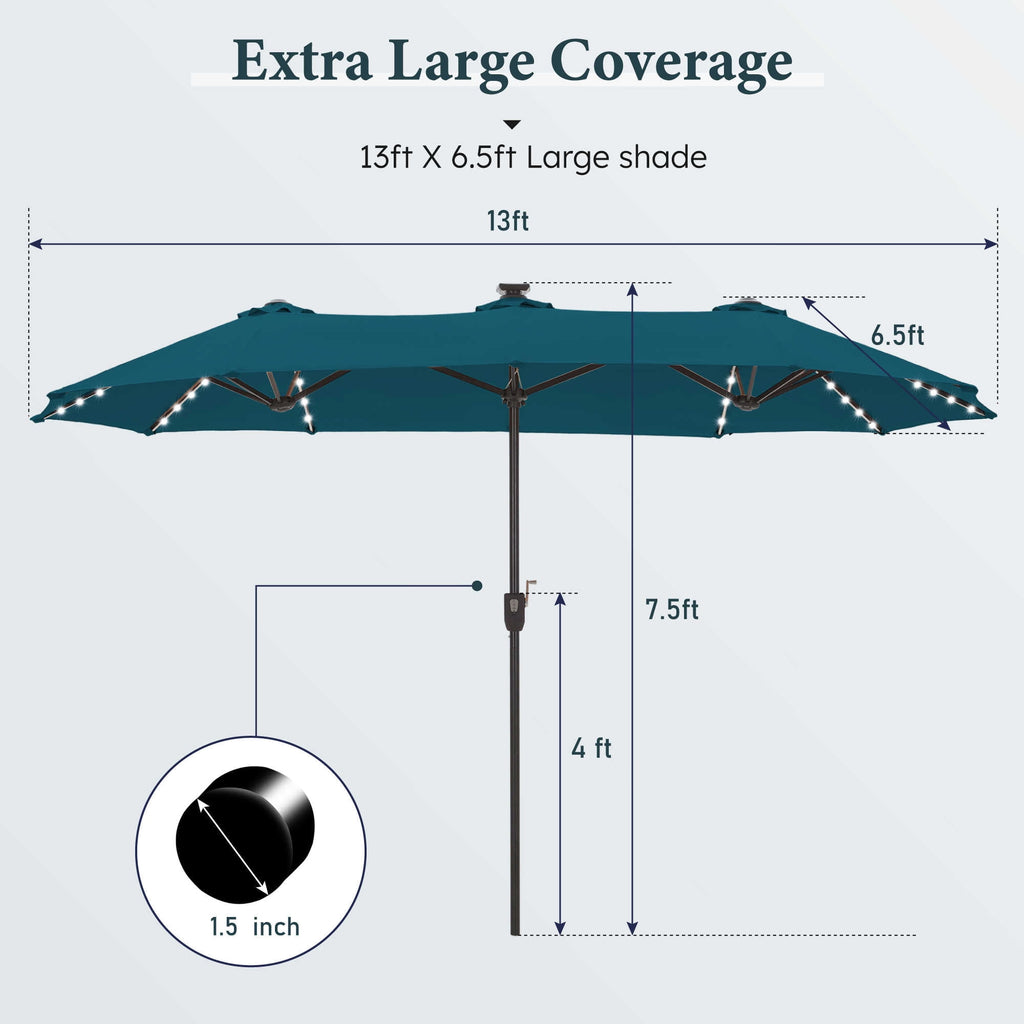 SUMMIT LIVING 13ft Large Patio Umbrella with Multi-Color LED Solar Lights Double-Sided Rectangular Outdoor Table Umbrella – Beige