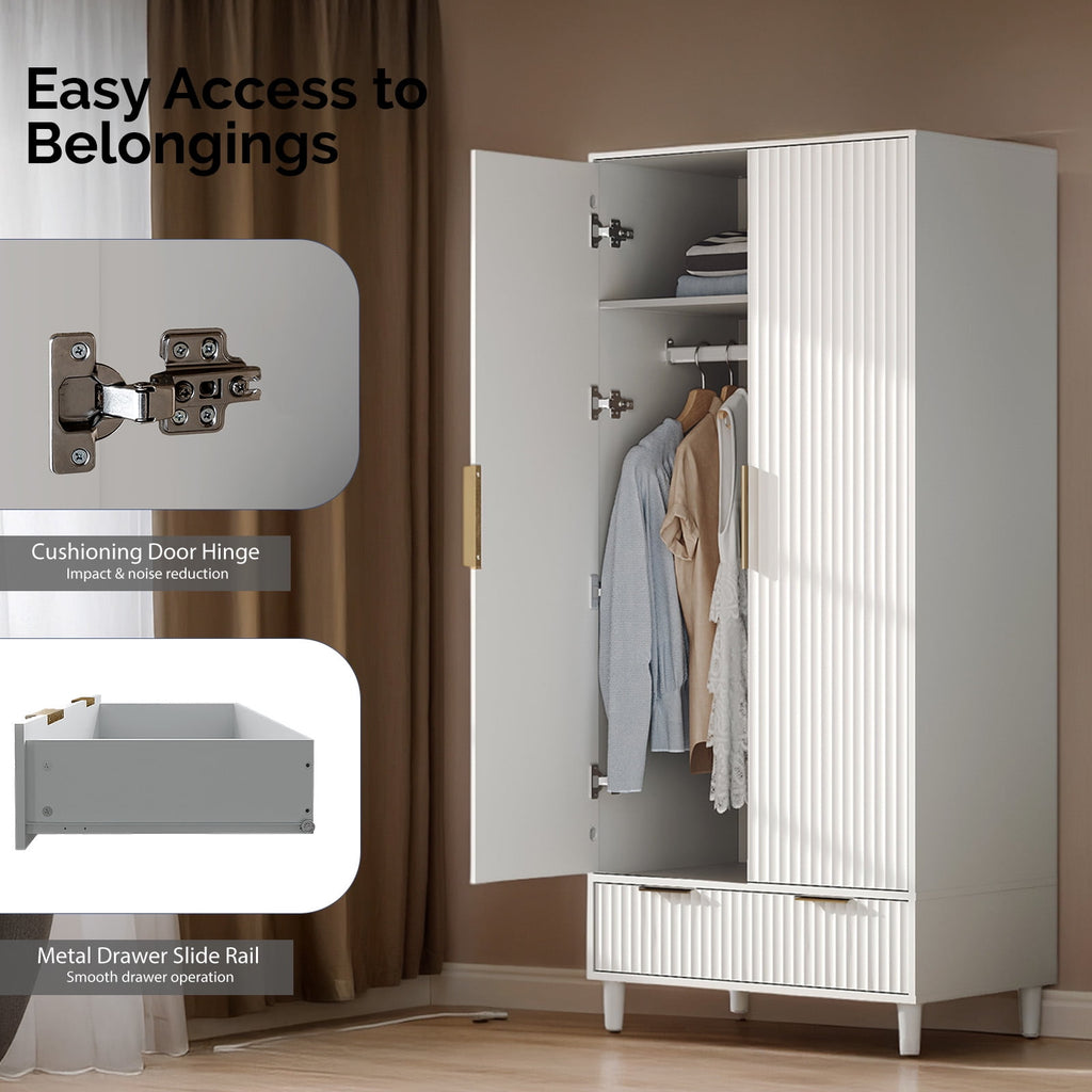Ktaxon Wardrobe Armoire Closet with Hanging Rod, Modern Drawer & Shelf – Elegant White Finish Closet, Farmhouse to Mid-Century Style