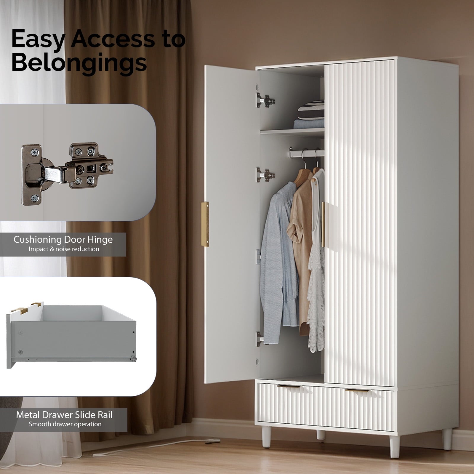 Ktaxon Wardrobe Armoire Closet with Hanging Rod, Modern Drawer & Shelf – Elegant White Finish Closet, Farmhouse to Mid-Century Style