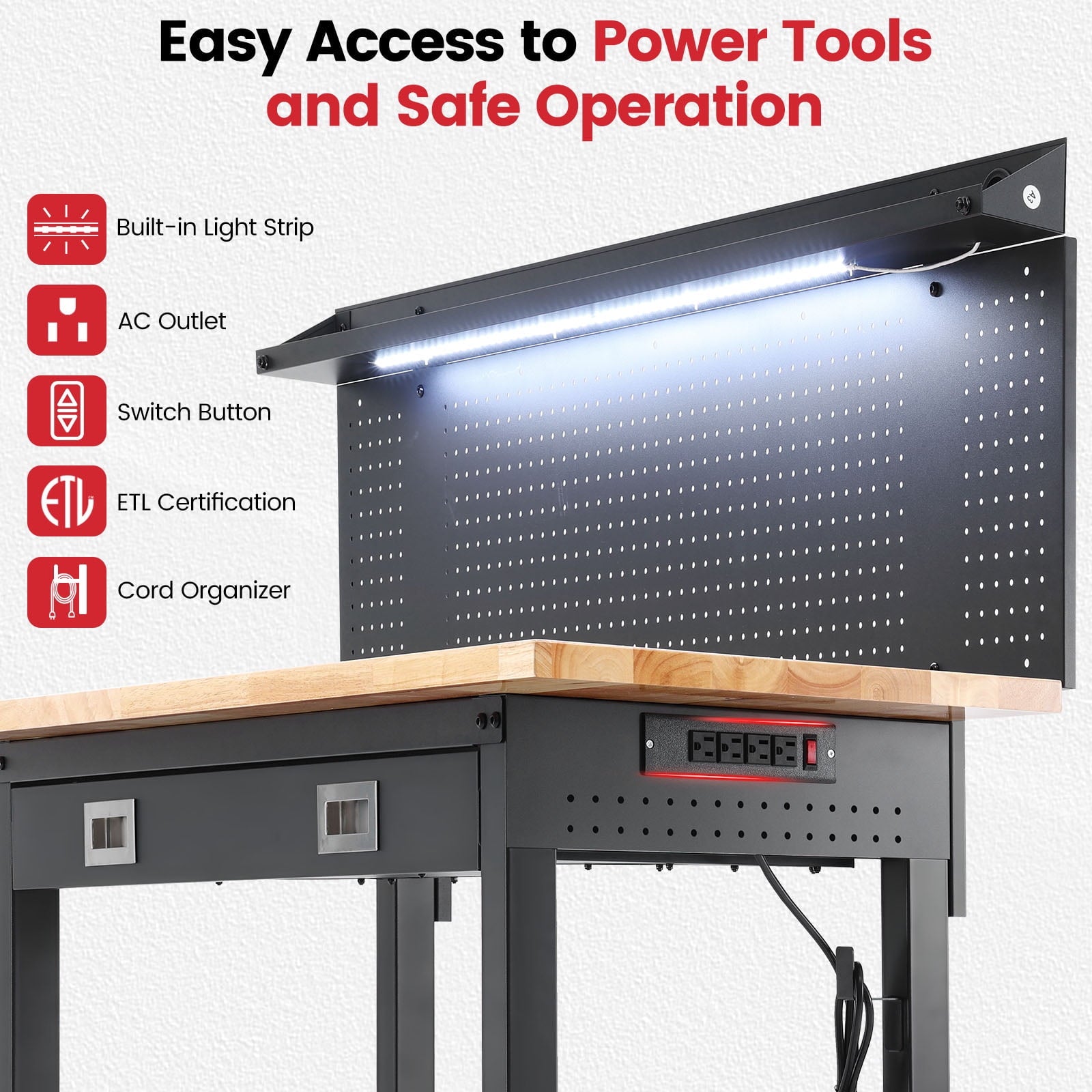 Workbench for Garage,ENJOYWOOD Heavy Duty 48 inch Wood Work Bench with Drawers,Led Lights, Pegboard and Wheels,Rubber Wood Tabletop,2000 LBS Load Bearing Workstation Garage Desk Table Worktable