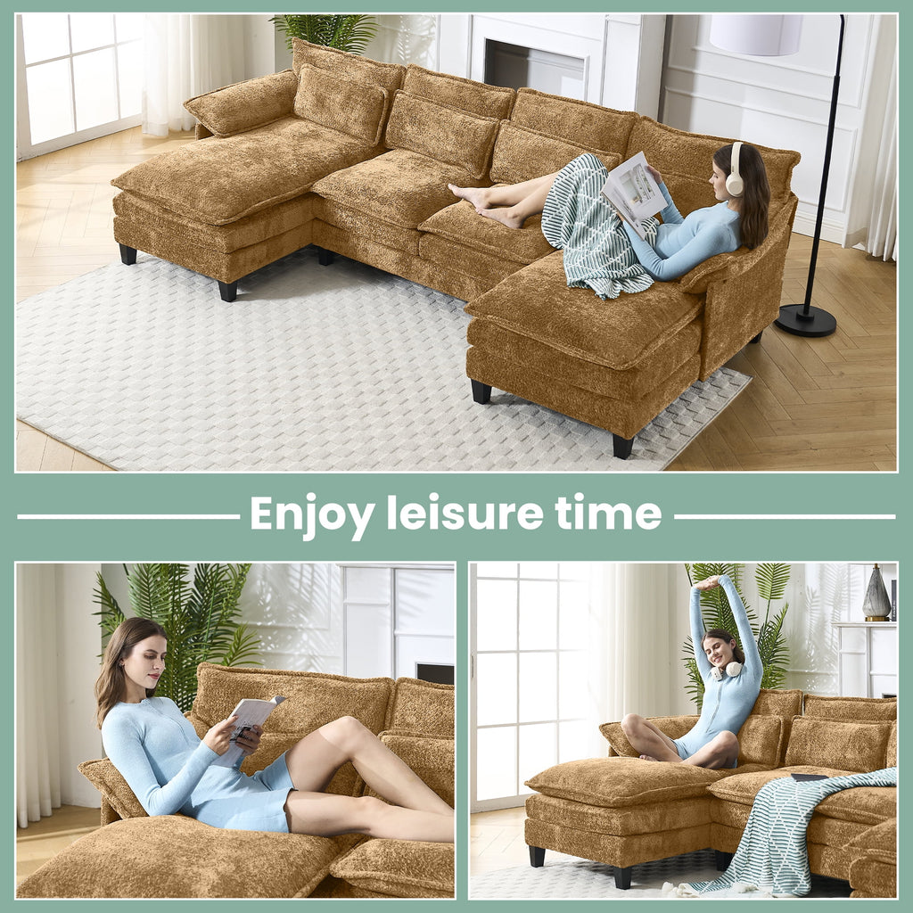 JONPONY109.45 U Shaped Couch,Oversized 4 Seat Sectional with 4 Waist Pillows, Convertible Upholstery Symmetrical Sofá,Sleeper Sofa Couch with Double Chaise Lounge &Memory Foam for Living Room, Beige