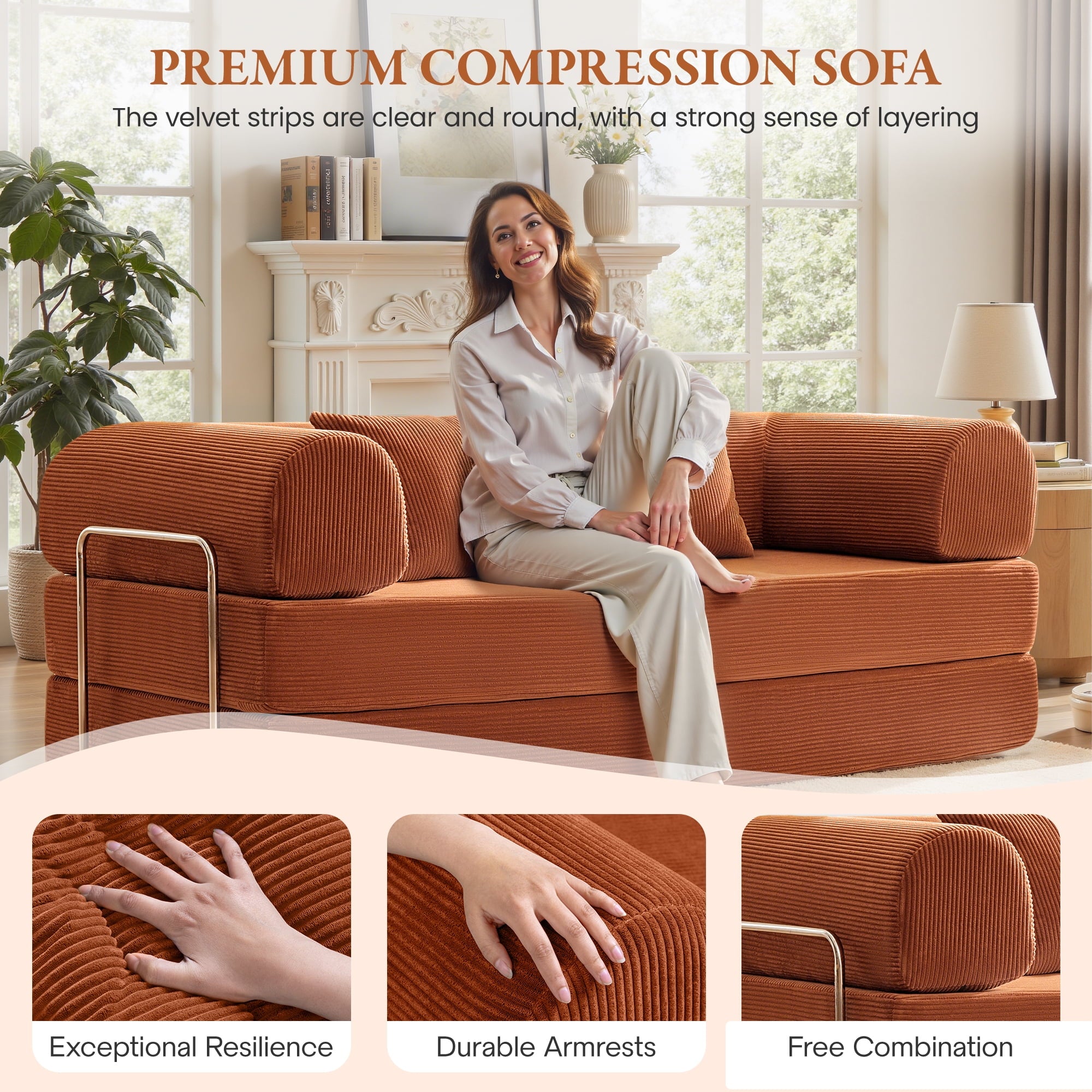 COOLHUT 63 W Combination Sofa, High Rebound Density Foam Sofa Couch, Two Forms Floor Couch Three Seats Sofa Bed for Living Room, Bedroom, Green