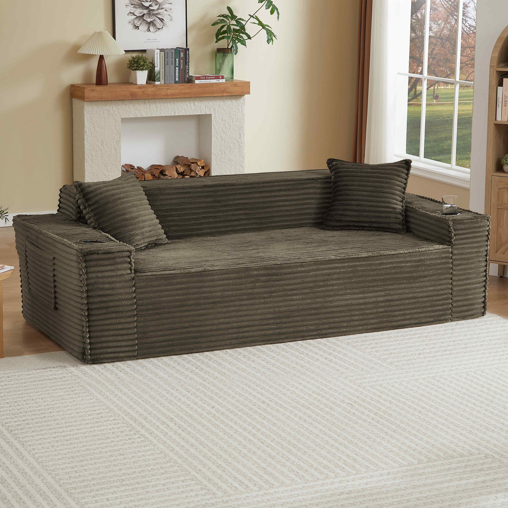 FFH 80.7 Corduroy Sofa, 3 Seater Boneless Cloud Couch for Small Living Rooms, Apartments and Offices, Black