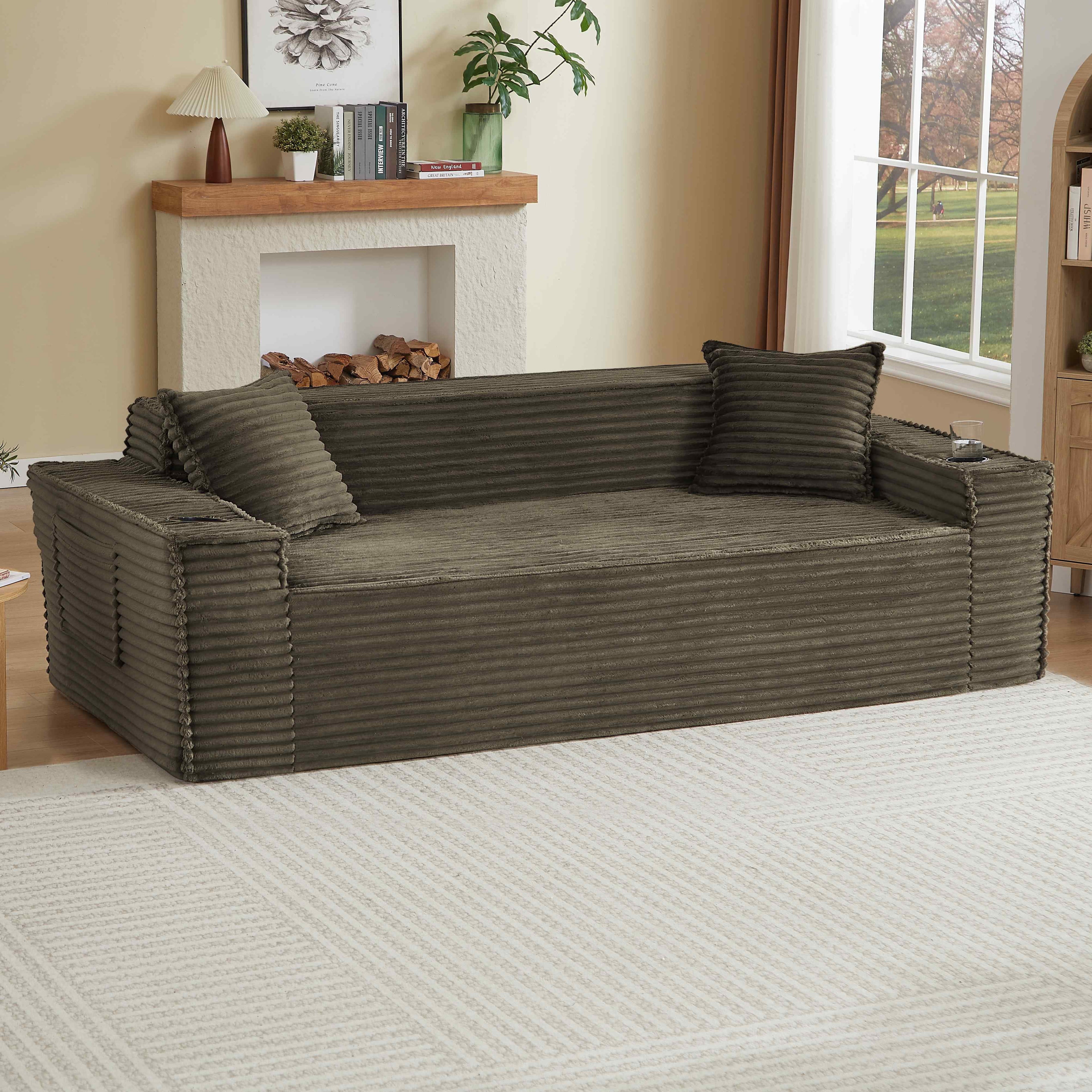 FFH 80.7 Corduroy Sofa, 3 Seater Boneless Cloud Couch for Small Living Rooms, Apartments and Offices, Black