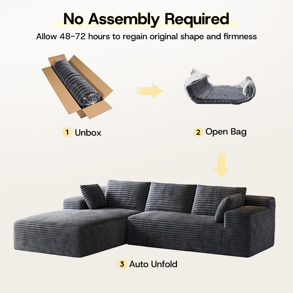 Patbrela 106 Sectional Couch for Living Room, L-Shaped Boneless Cloud Couch Corduroy Modern Sectional Sofa with Deep Seat and Thickened Cushion, No Assembly Required, Black