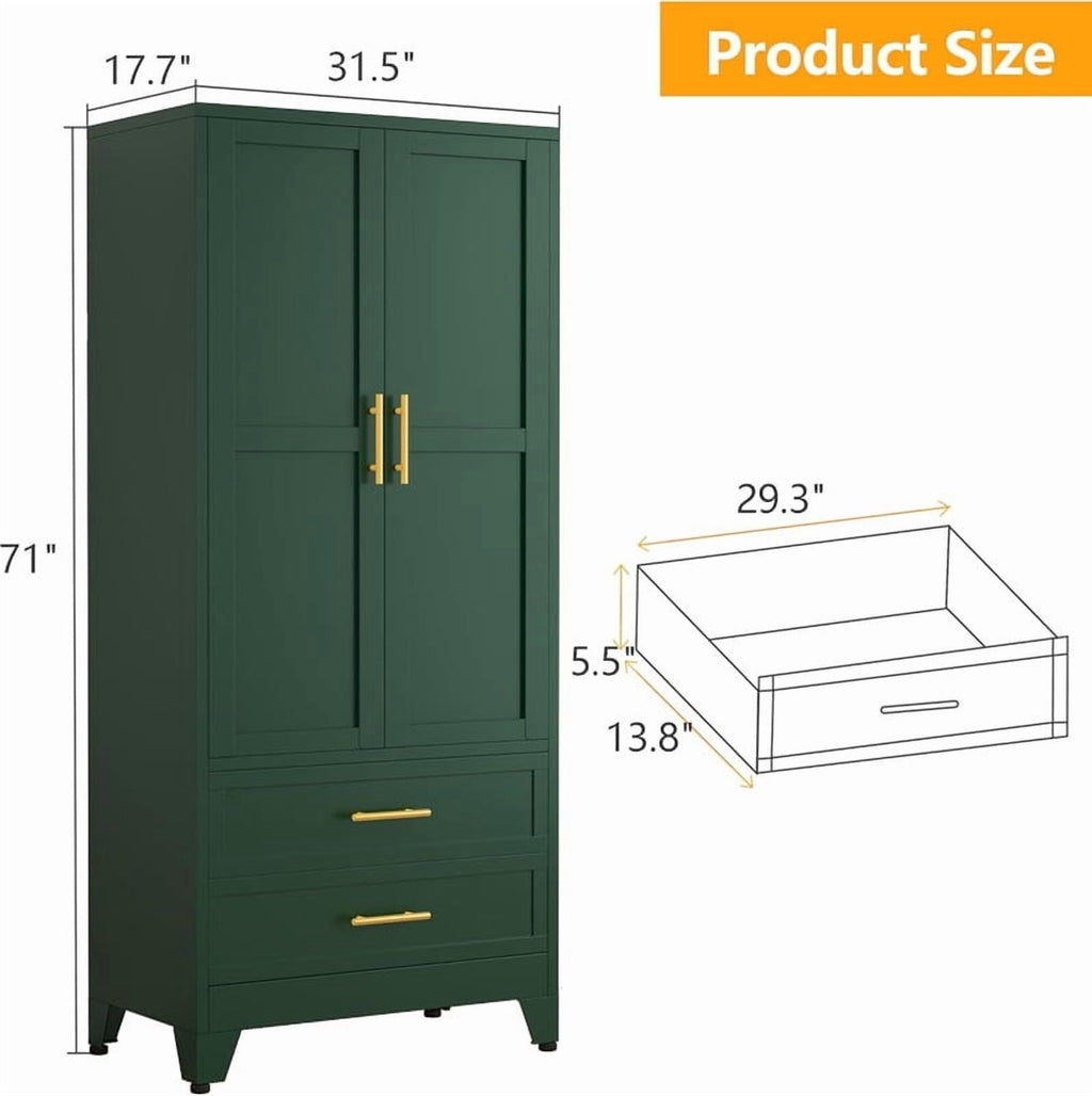 EROSOEI Metal Freestanding Armoire Wardrobe Clost With Hanging Rod and Drawers