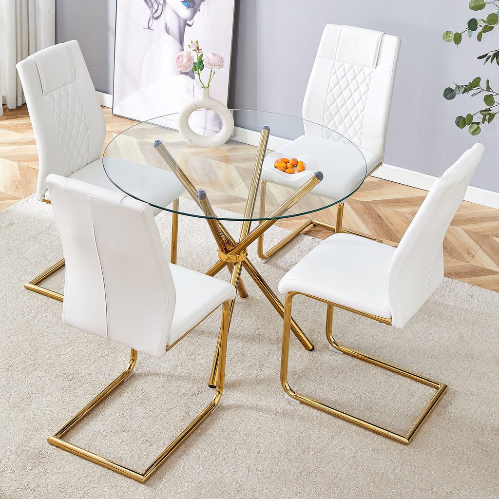 LUFTUT 36.6 Round Glass Dining Table, Modern Gold Base Kitchen Table, Small Space Bistro Table, Clear Tempered Glass Top for Apartmen