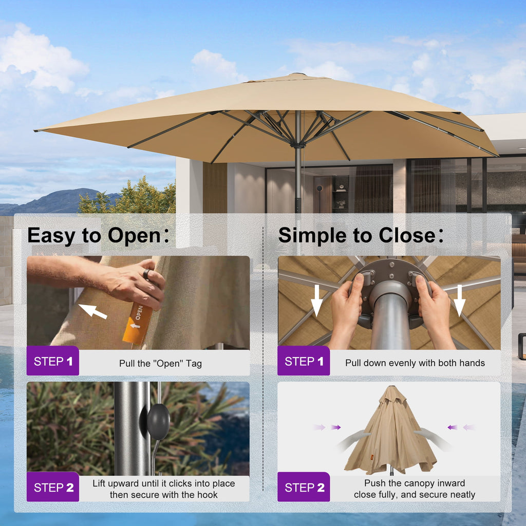 PURPLE LEAF OUTDOOR 16 x 16 FT Extra Large Rectangle Patio Market Table Sun Umbrella Heavy-Duty with Semi-Auto Open Maximum Coverage for Restaurant Hotel Resort Cafe Poolside Beige