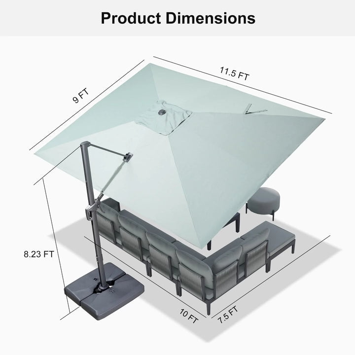 PURPLE LEAF 10' X 13' Rectangle Cantilever Umbrella with Base Outdoor Large Aluminum Patio Umbrella with 3-Year Fade Resistance Recycled Fabric and 360-degree Rotation for Deck Pool, Graphite Grey