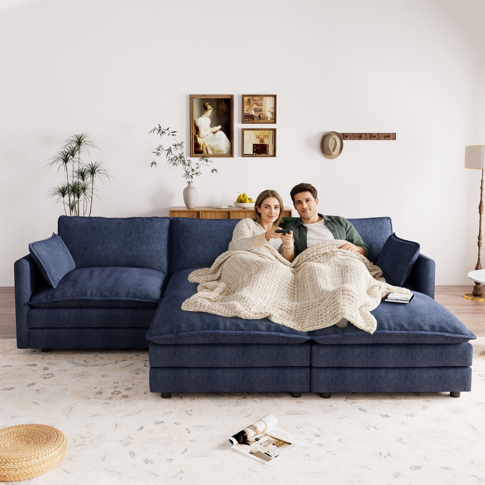 Muumblus Sectional Sofa Cloud Couch with Reversible Ottoman, L-Shaped Chenille Sofa for Living Rooms, Beige