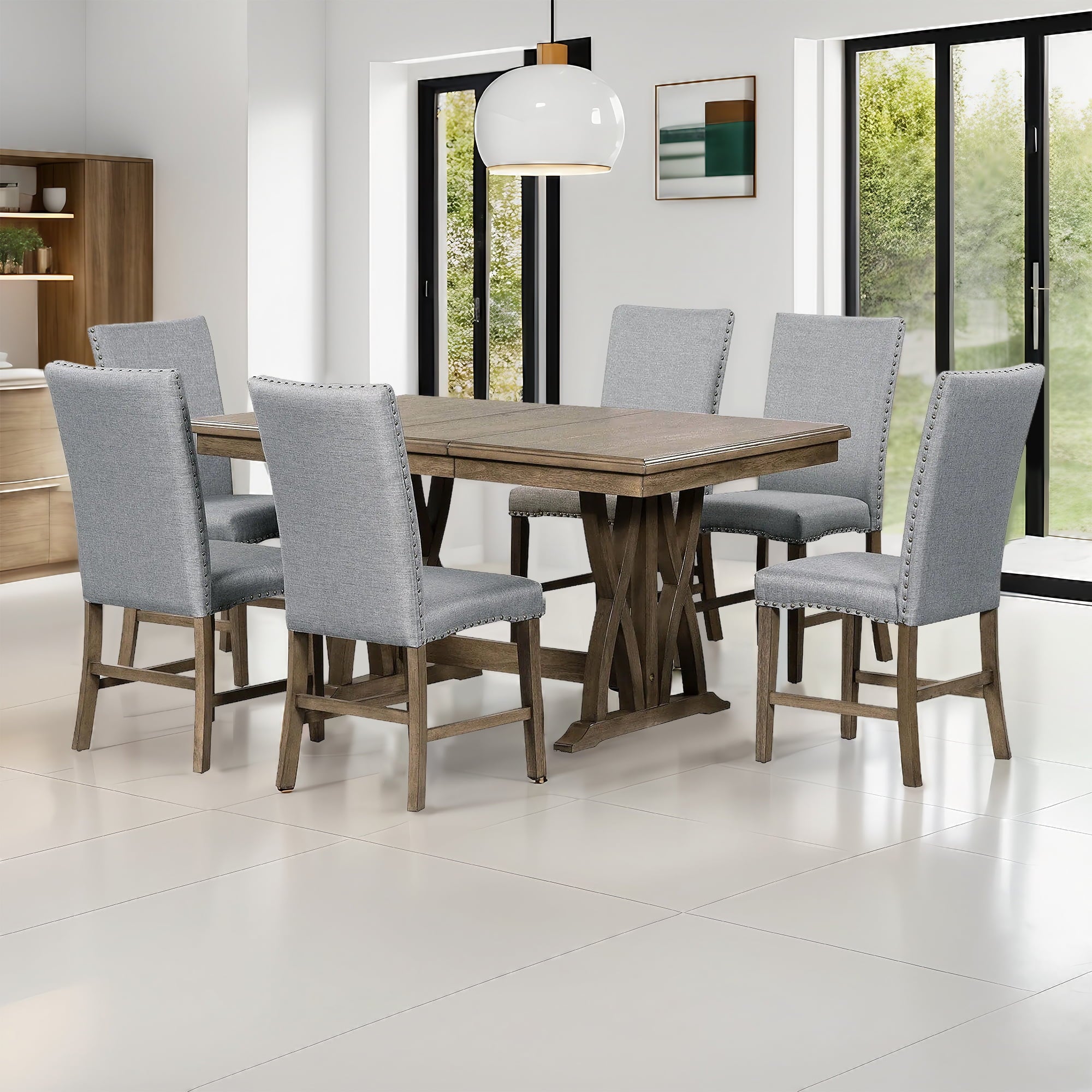 Harper & Bright Designs 7 Pieces Retro Dining Set for 6, Wood Rectangular Table with Designed Trestle Base and 6 Upholstered Chairs for Dining Room and Kitchen, Grey