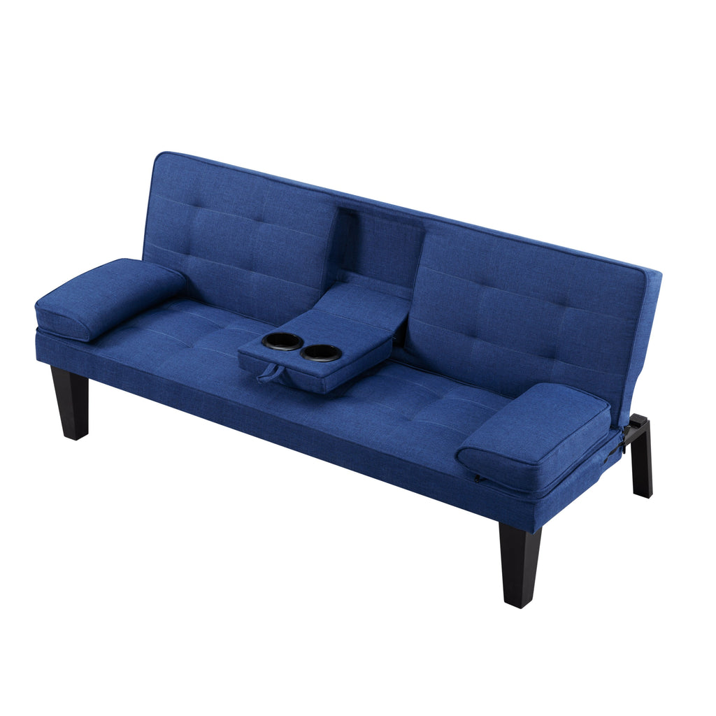 BSHTI 65 Modern Velvet Futon Sofa Bed with Drop Down Cup Holders, 3-Position Adjustable Backrest, Removable Arm Cushions, Chrome Legs for Living Room & Guest Room Black