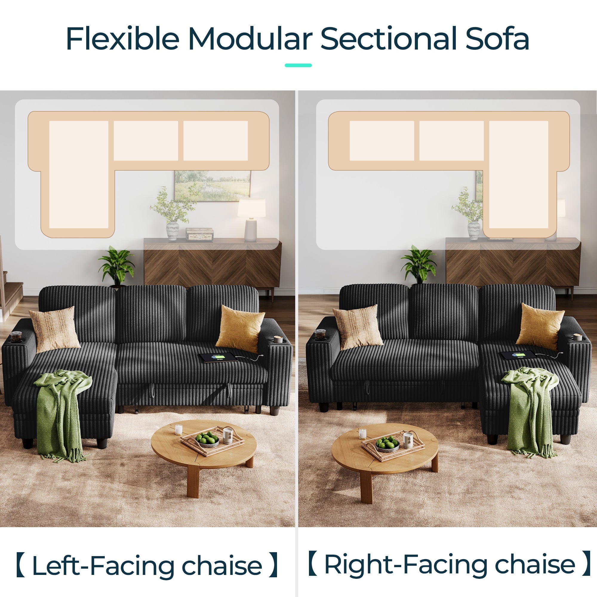 LINSY HOME L Shaped Sectional Couches for Living Room, Sleeper Sofa Bed with Reversible Storage Chaise, Pull Out Couch Bed with USB, Cup Holder, Black