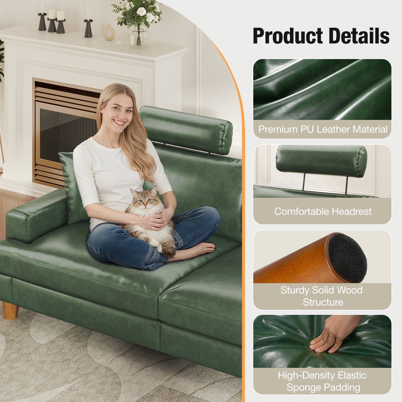 87 Sofa Premium PU Leather Couch with Headrest, Comfy 27 Extra Deep Seat 3 Seater Sofa for Living Room, Includes 2 Pillows, Black