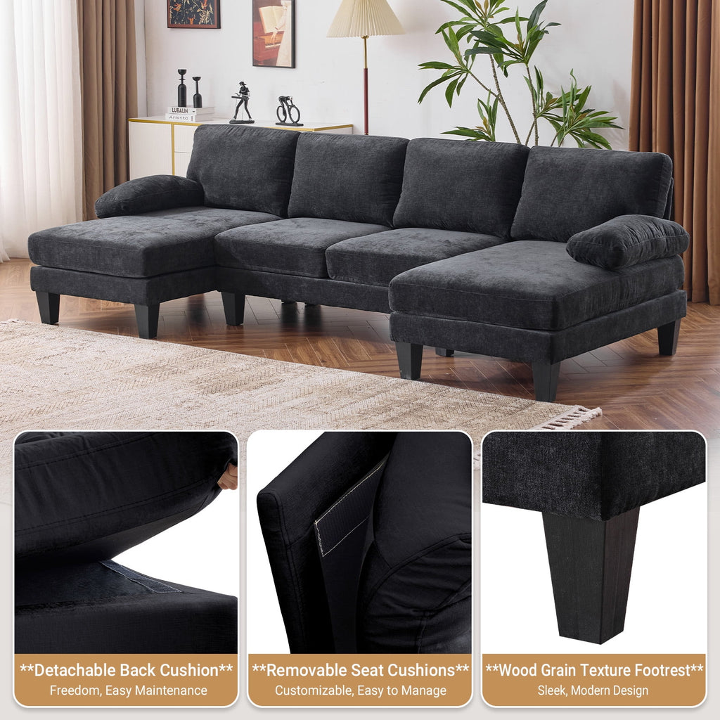 Ktaxon U-Shaped Sectional Sofa, 111  Chenille Couch, 4 Seat Lounge Sleeper with Double Chaise for Living Room Black
