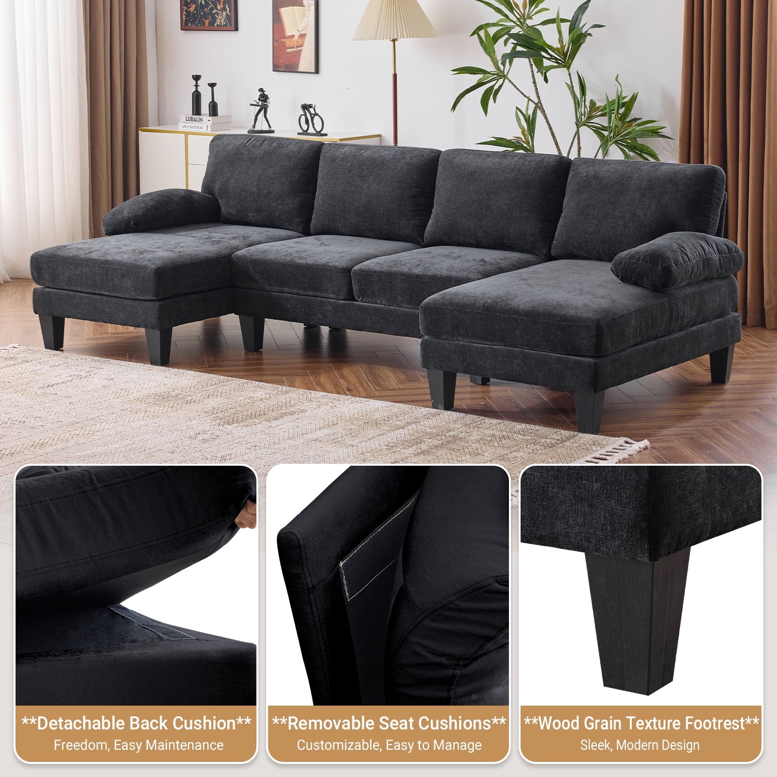 Ktaxon U-Shaped Sectional Sofa, 111  Chenille Couch, 4 Seat Lounge Sleeper with Double Chaise for Living Room Black
