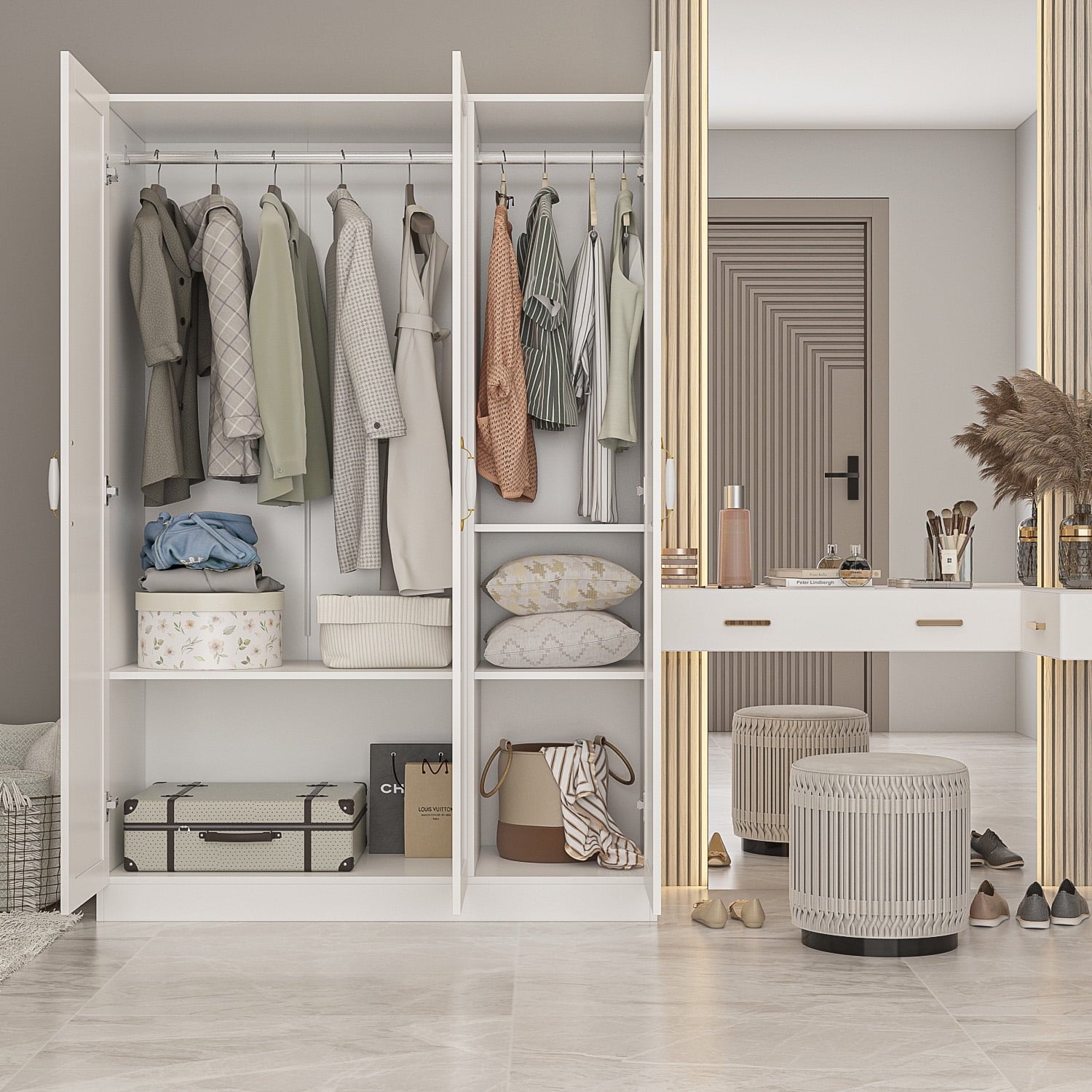 OxyLife 2 Door Wardrobe Armoire, White Closet Storage Organizer with Drawers and Shelves