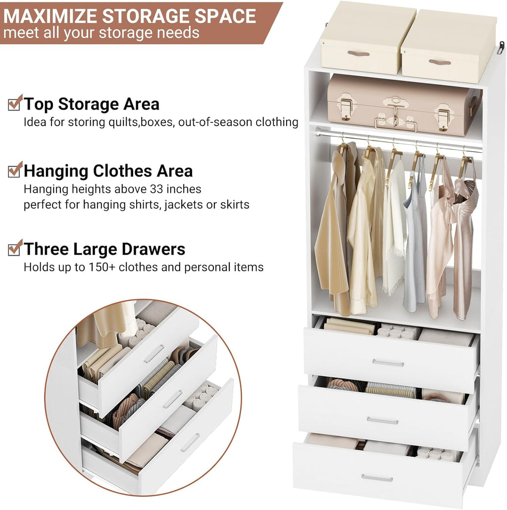 Homieasy Freestanding 2FT Closet System with 3 Wood Drawers, 24 Closet Organizer System with Hanging Rod & Shelves, Walk-in Closet Systems for Small Closets, White