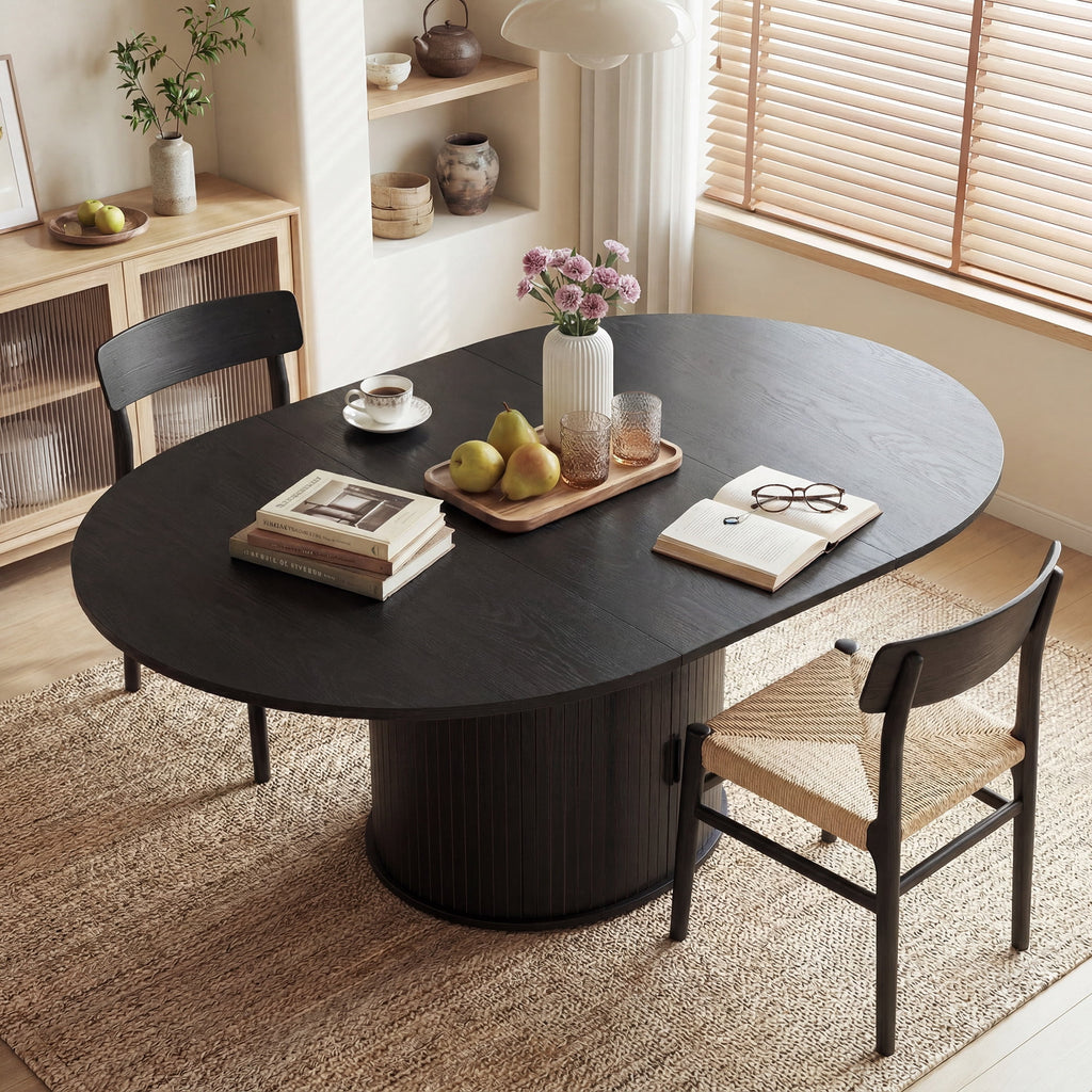 EOP 47″- 63″ Extendable Round Dining Table for 4-6, Wooden Kitchen Table with Hidden Storage and Fluted Sliding Door Cabinet, Modern Space-Saving Table for Dining Room Kitchen, Walnut