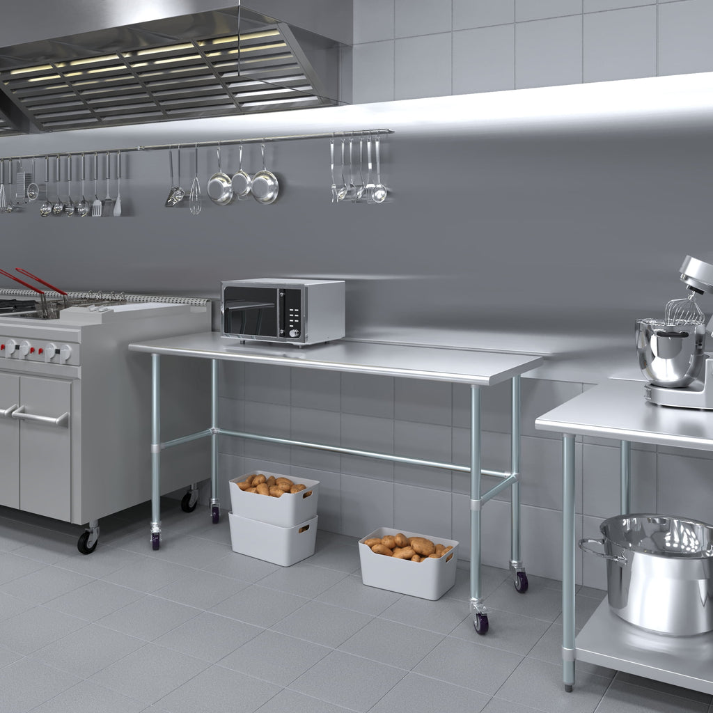 AmGood 36 Long x 30 Deep Stainless-Steel Work Table with Open Base and Wheels, Mobile Metal Table
