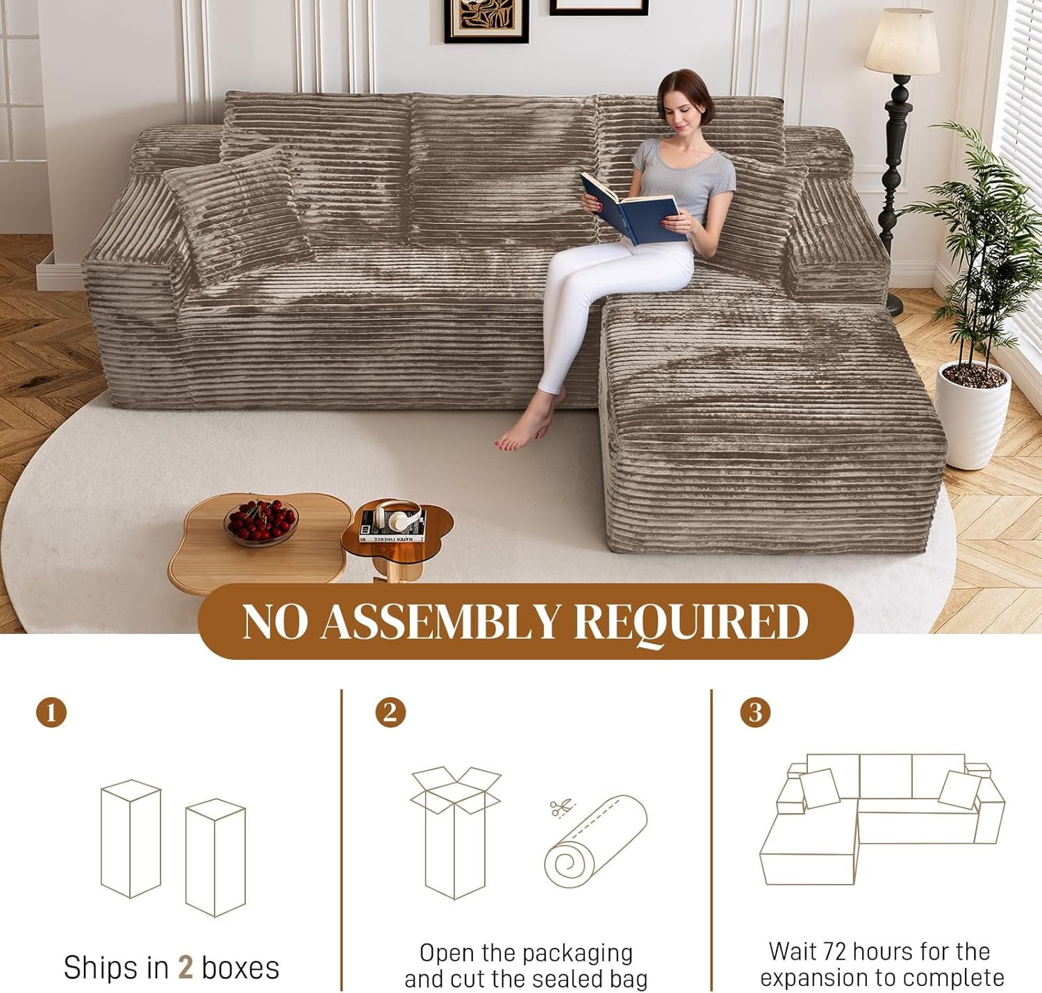 LLappuil 108 Sectional Sofa, Modular Sectional Couch with Left Chaise, Deep Seat Corduroy Cloud Sofa for Living Room Black