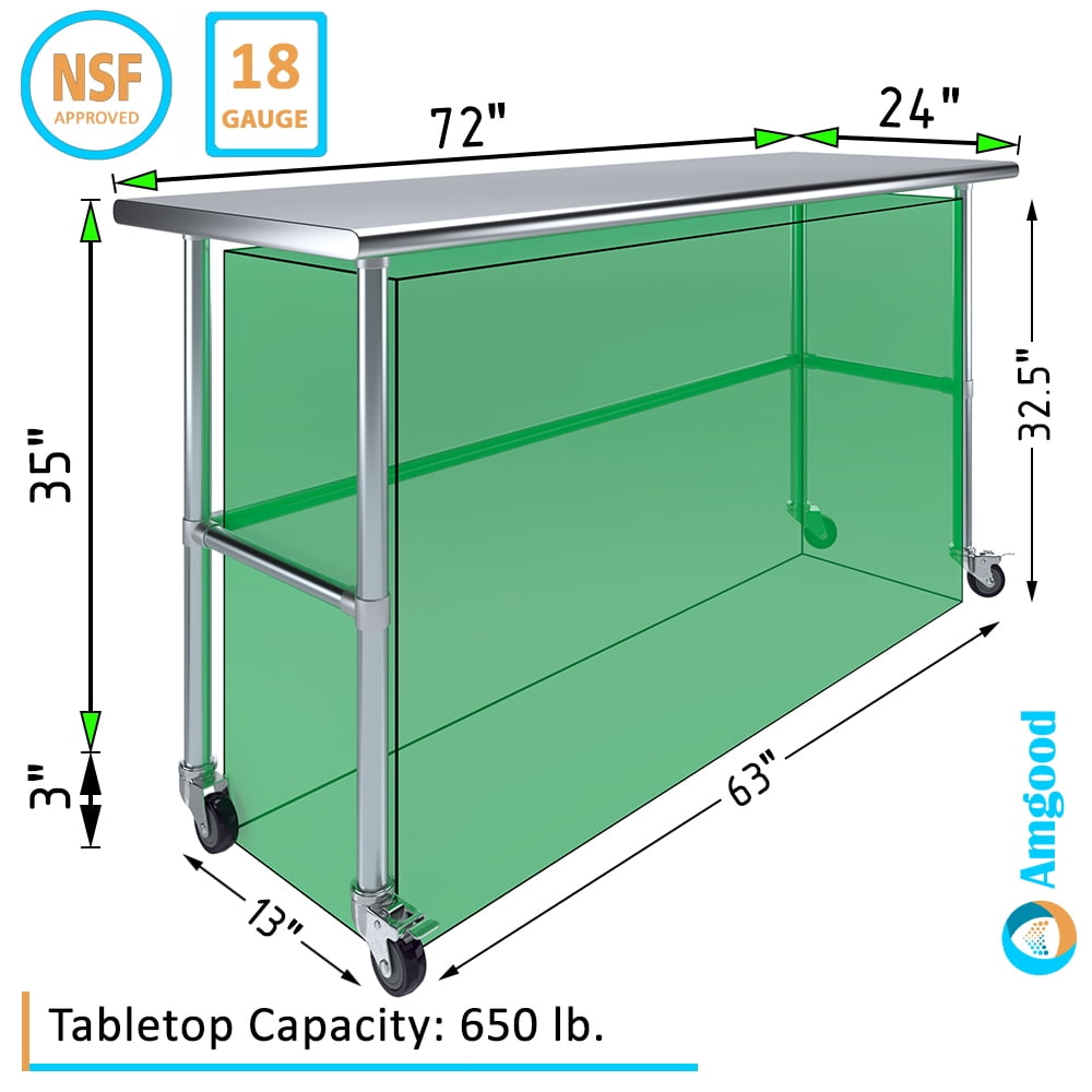 AmGood 36 Long x 30 Deep Stainless-Steel Work Table with Open Base and Wheels, Mobile Metal Table