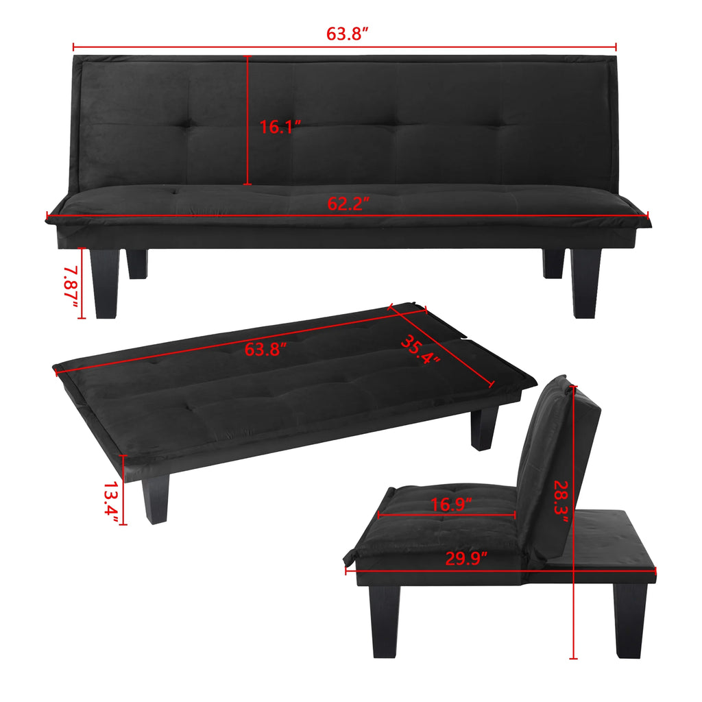 Modern Faux Suede Convertible Futon Sofa Bed,Upholstered Futon Couch with 3 Adjustable Backrest Angles,Suitable for Apartment,Living Room,Small Space,Black