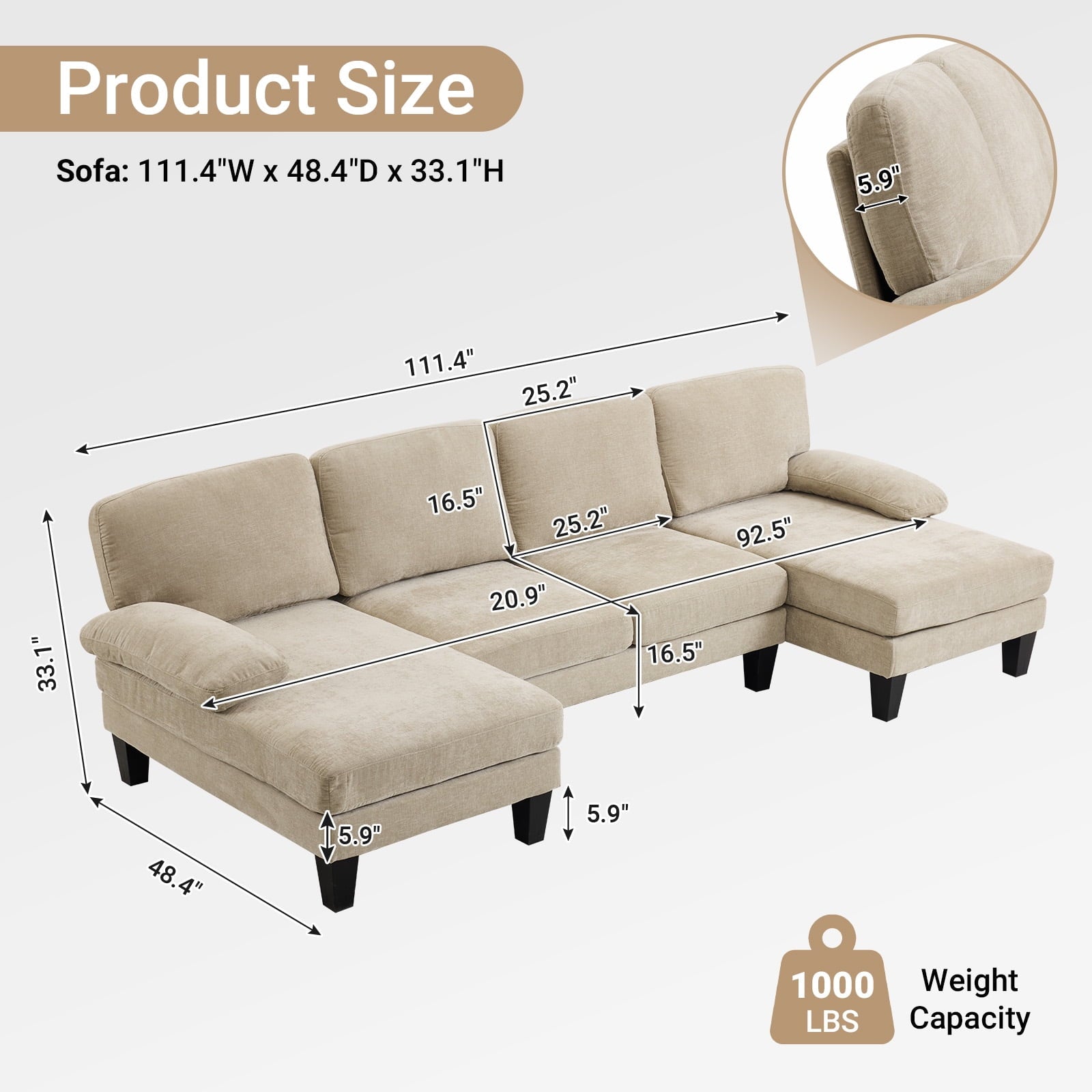 Ktaxon U-Shaped Sectional Sofa, 111  Chenille Couch, 4 Seat Lounge Sleeper with Double Chaise for Living Room Black