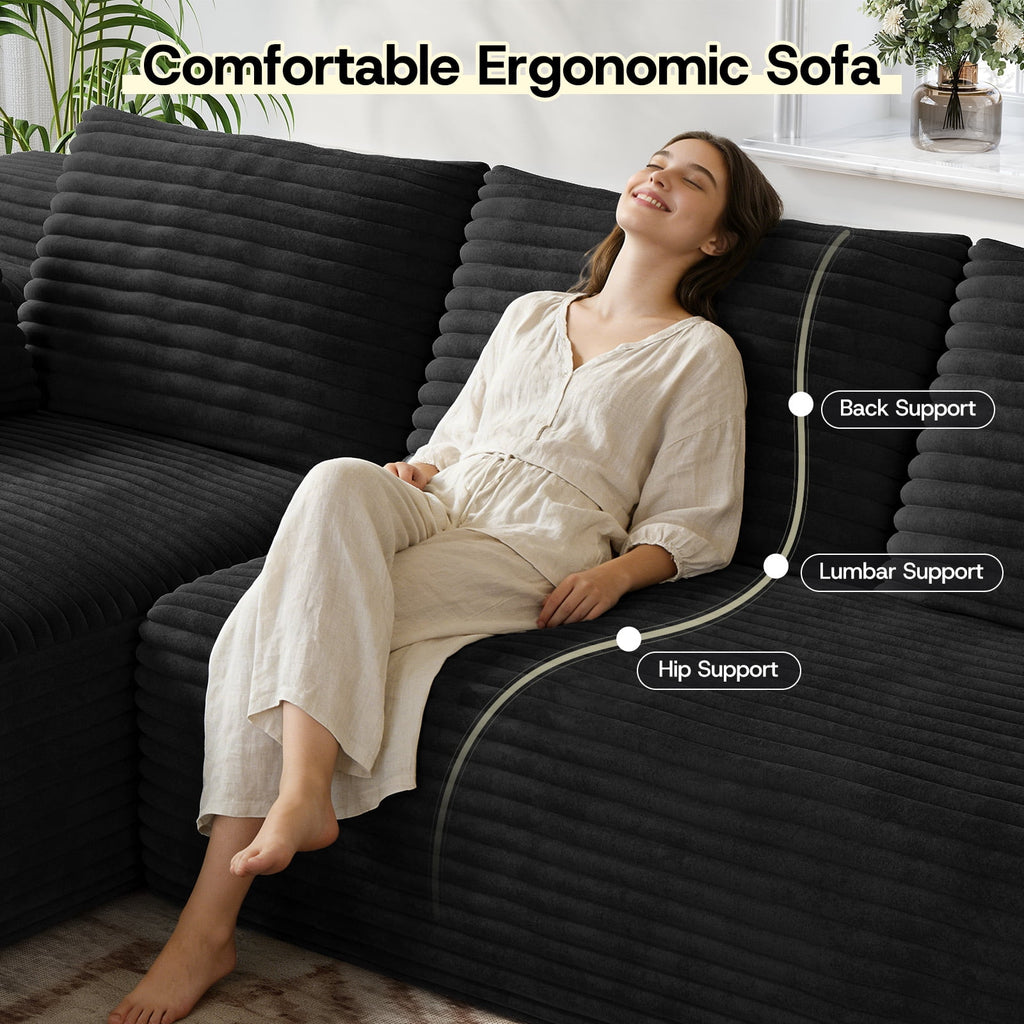 Patbrela 106 Sectional Couch for Living Room, L-Shaped Boneless Cloud Couch Corduroy Modern Sectional Sofa with Deep Seat and Thickened Cushion, No Assembly Required, Black