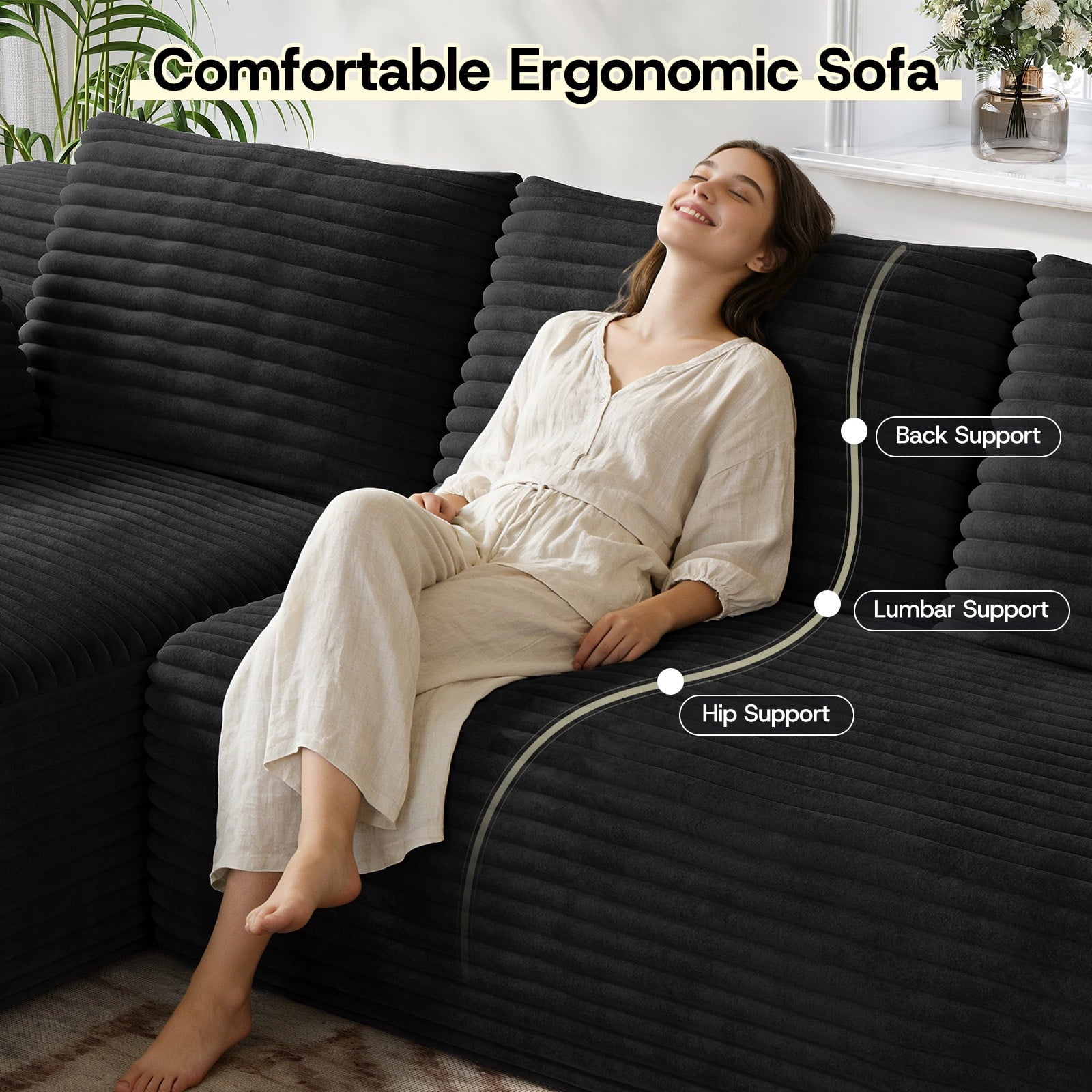 Patbrela 106 Sectional Couch for Living Room, L-Shaped Boneless Cloud Couch Corduroy Modern Sectional Sofa with Deep Seat and Thickened Cushion, No Assembly Required, Black