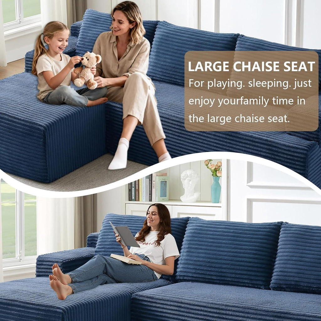 96 Boneless Cloud Couch with Chaise, Modular Sectional Sofa for Living Room, No Assembly Required, Deep Seat Corduroy Couch, Green
