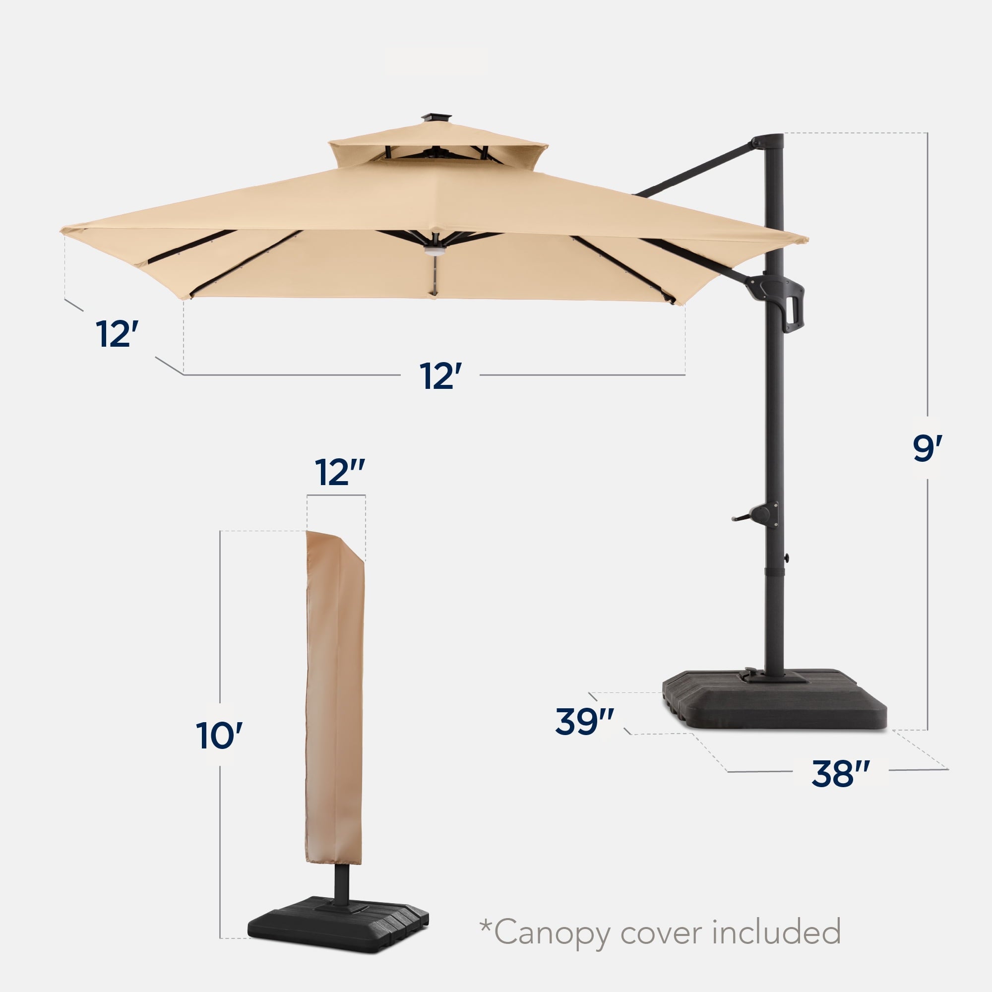 Best Choice Products 12x12ft 2-Tier Square Outdoor Solar LED Cantilever Umbrella w/ 360-Rotating Base   Gray