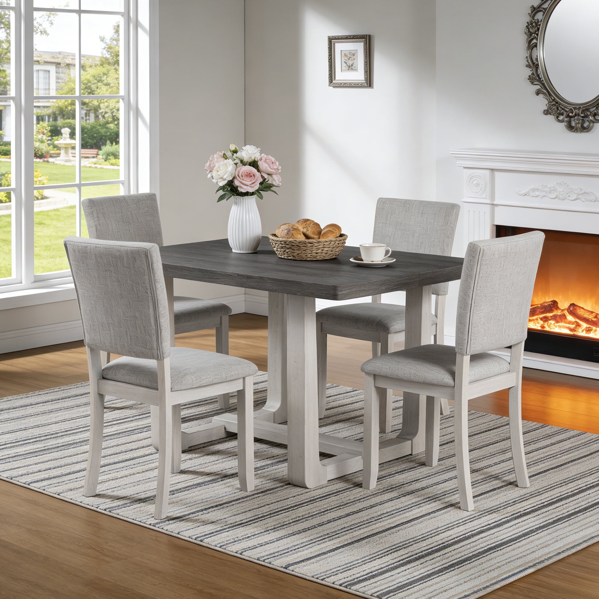 Leovanni Modern 48 5-Piece Solid Wood Dining Table Set with 4 Upholstered Chairs, Rectangular Kitchen & Dining Room Set, Natural