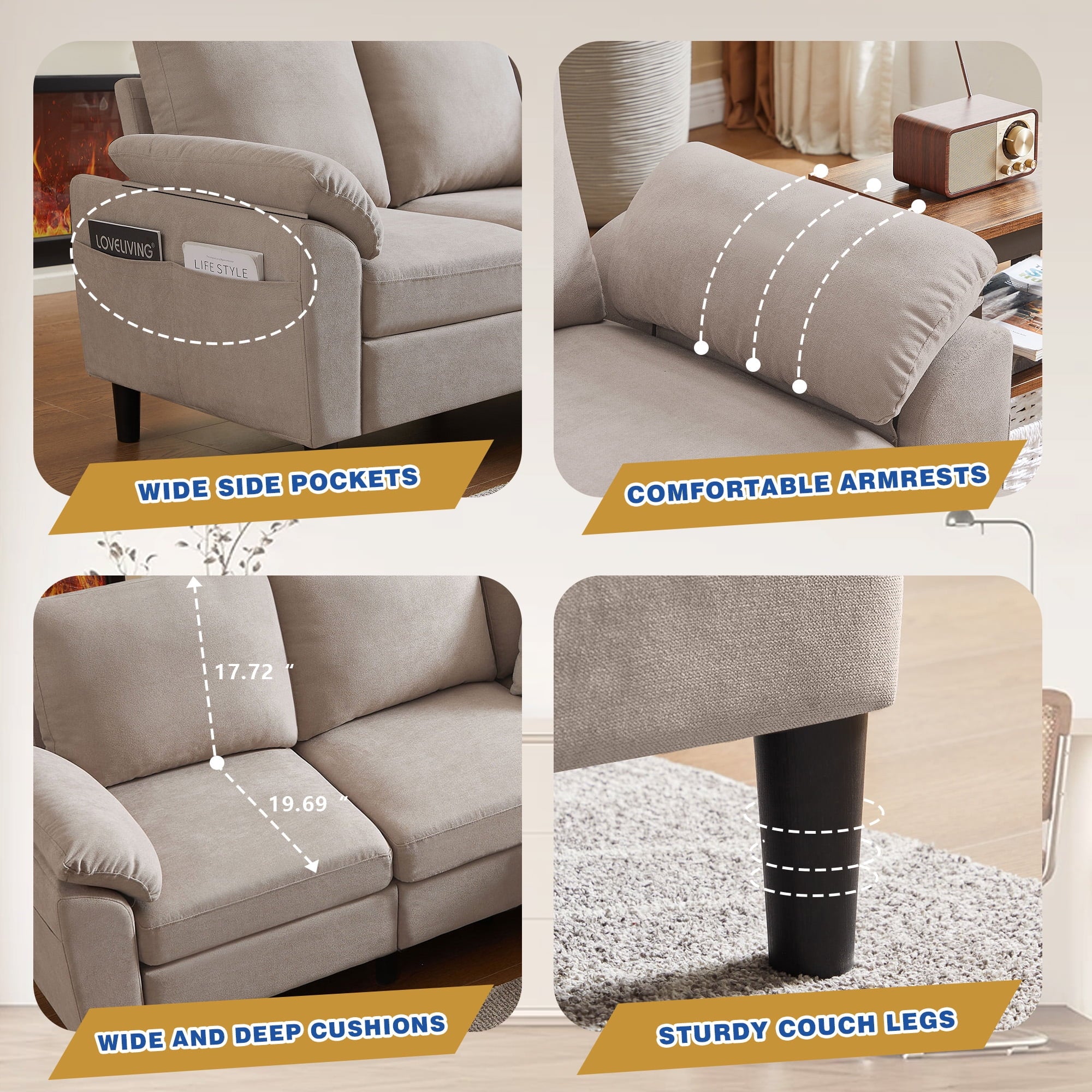 Jarenie 80 Convertible Sectional Sofa, Small L Shaped 3 Seat Couch with Reversible Storage Chaise, Modern Polyester Fabric Sofa Couches for Living Room, Apartment and Small Space, Beige
