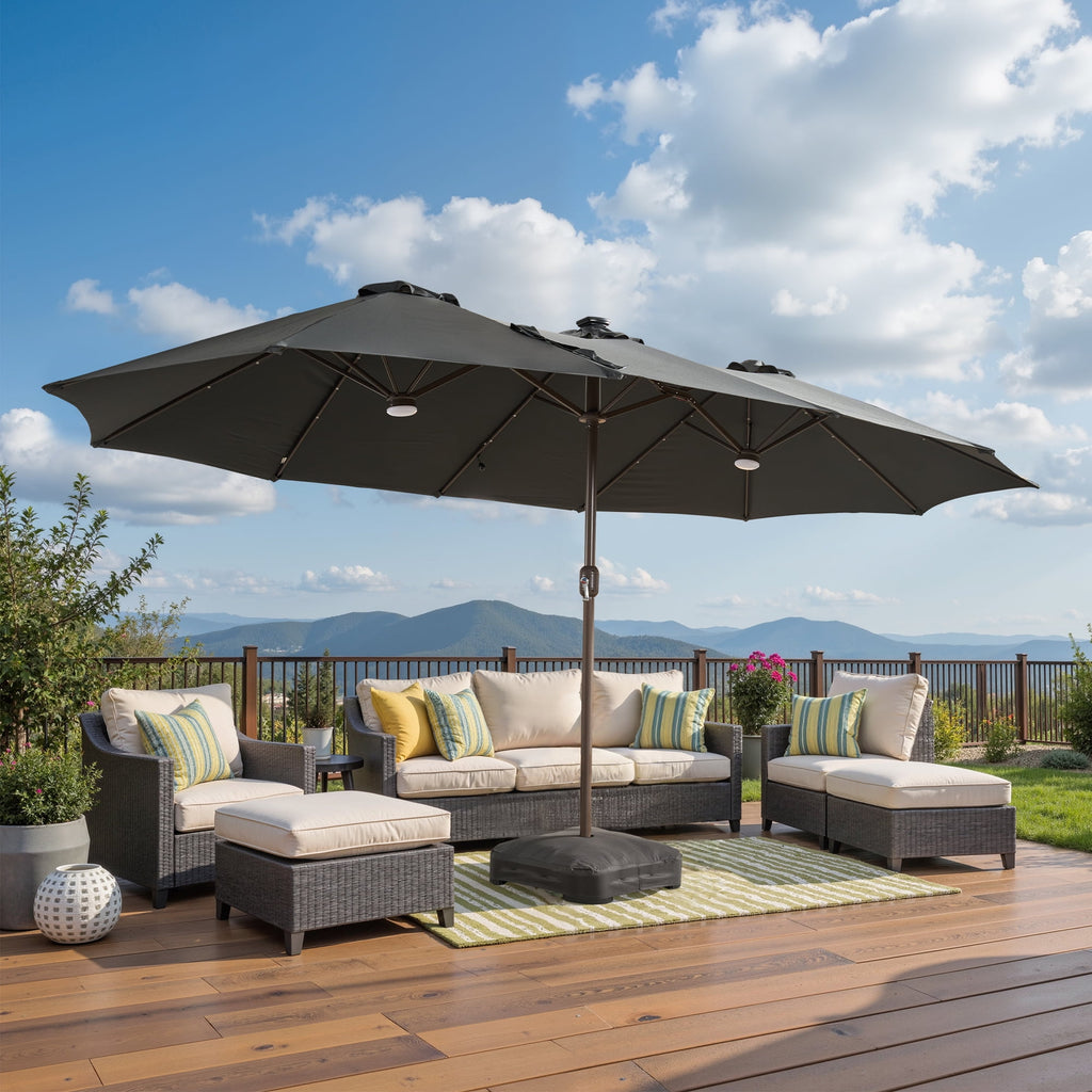 Ovios 15ft Solar LED Patio Umbrellas Double-Sided Outdoor Umbrella 36 LED Lights Large Poolside Umbrella with Base for Outside, Market, Backyard, Dark Grey