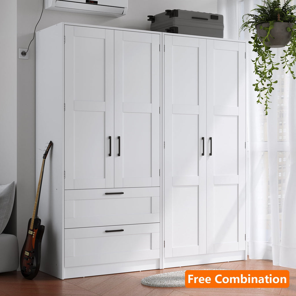 Wood White Wardrobe Closet with 2 Doors，Bedroom Freestanding Armoire Storage Cabinet with Shelves，Wooden Wardrobe Combination for Hanging Clothes