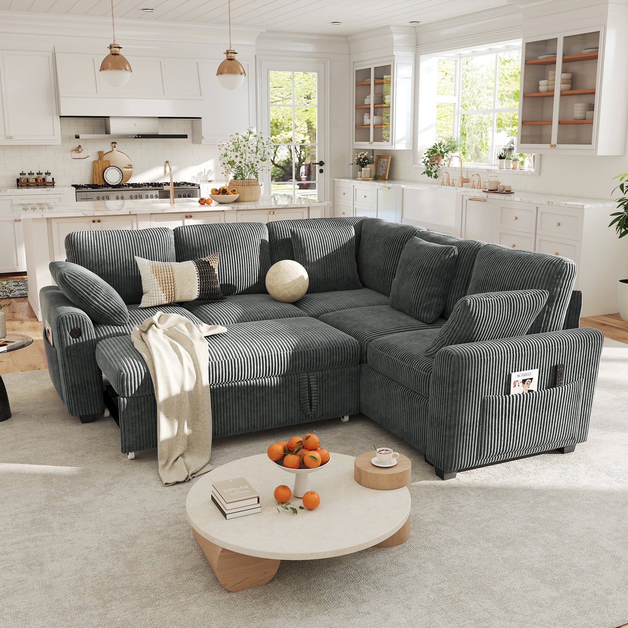 BedLuxury 83 Sectional Sleeper Sofa With Pull Out Bed, Storage Seat & USB Charging, L Shape Modern Couch for Living Room, Corduroy Gray