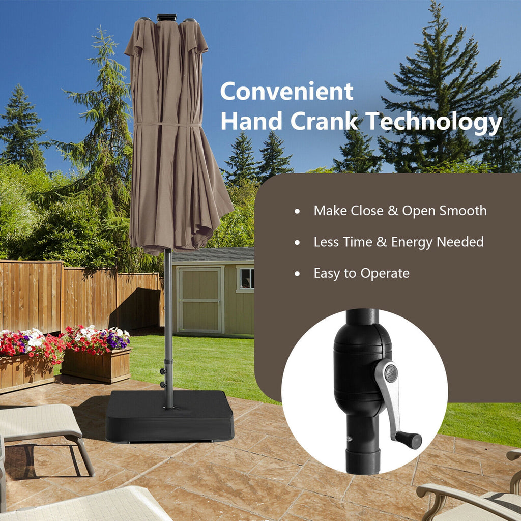 Gymax Outdoor 15' Double-Sided Patio Umbrella 48 Solar LED Lights Crank & Base Coffee