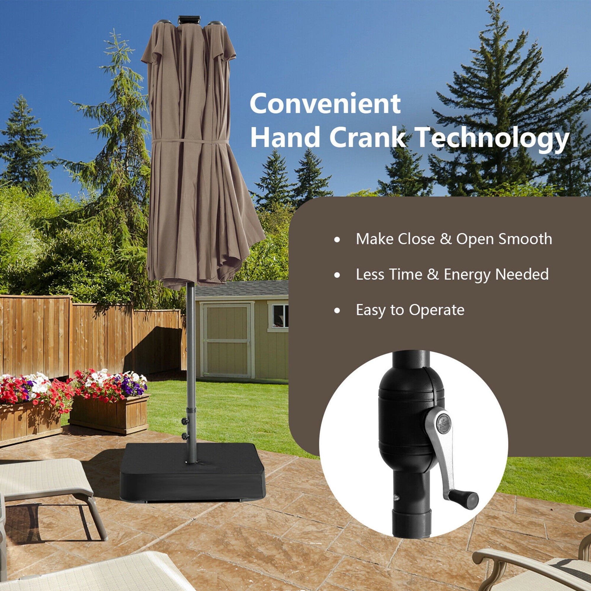 Gymax Outdoor 15' Double-Sided Patio Umbrella 48 Solar LED Lights Crank & Base Coffee