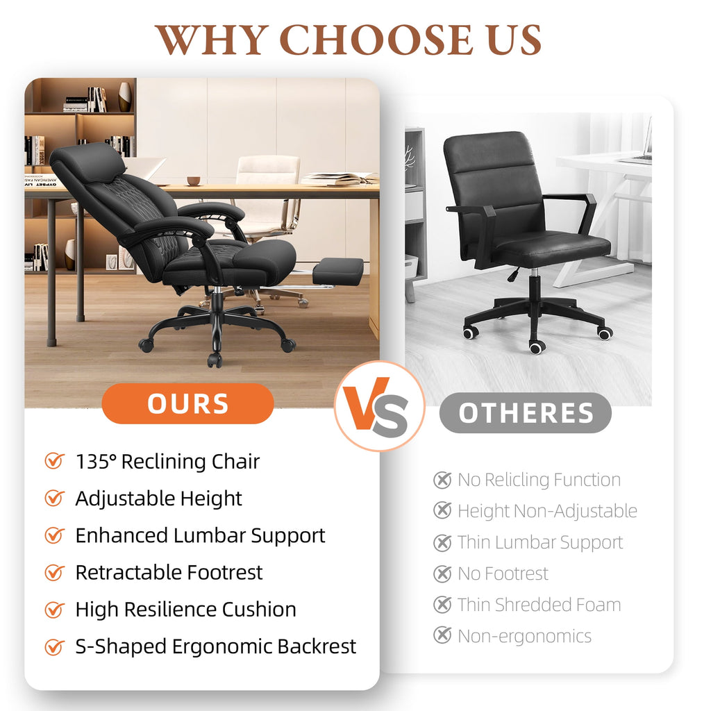 FASTES Executive Office Chair, Ergonomic Desk Chair with Adjustable Armrests, Computer Leather Chair Big and Tall Office Chair with Footrest and Lumbar Support, Brown