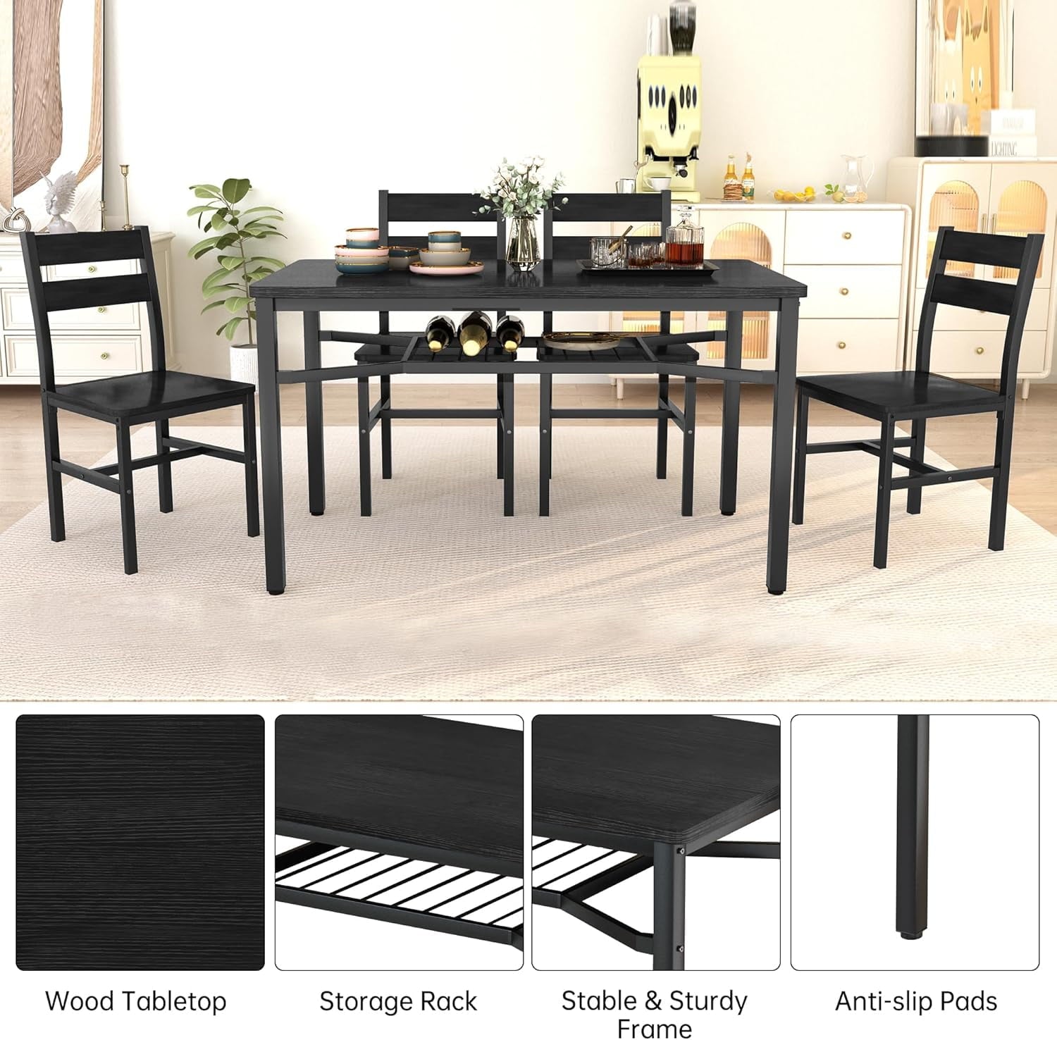 LinkRomat Dining Table Set for 4, Farmhouse Kitchen Table with 4 Wood Chairs, Dining Room Set for Breakfast Nook, Small Places, Restaurant, Gray